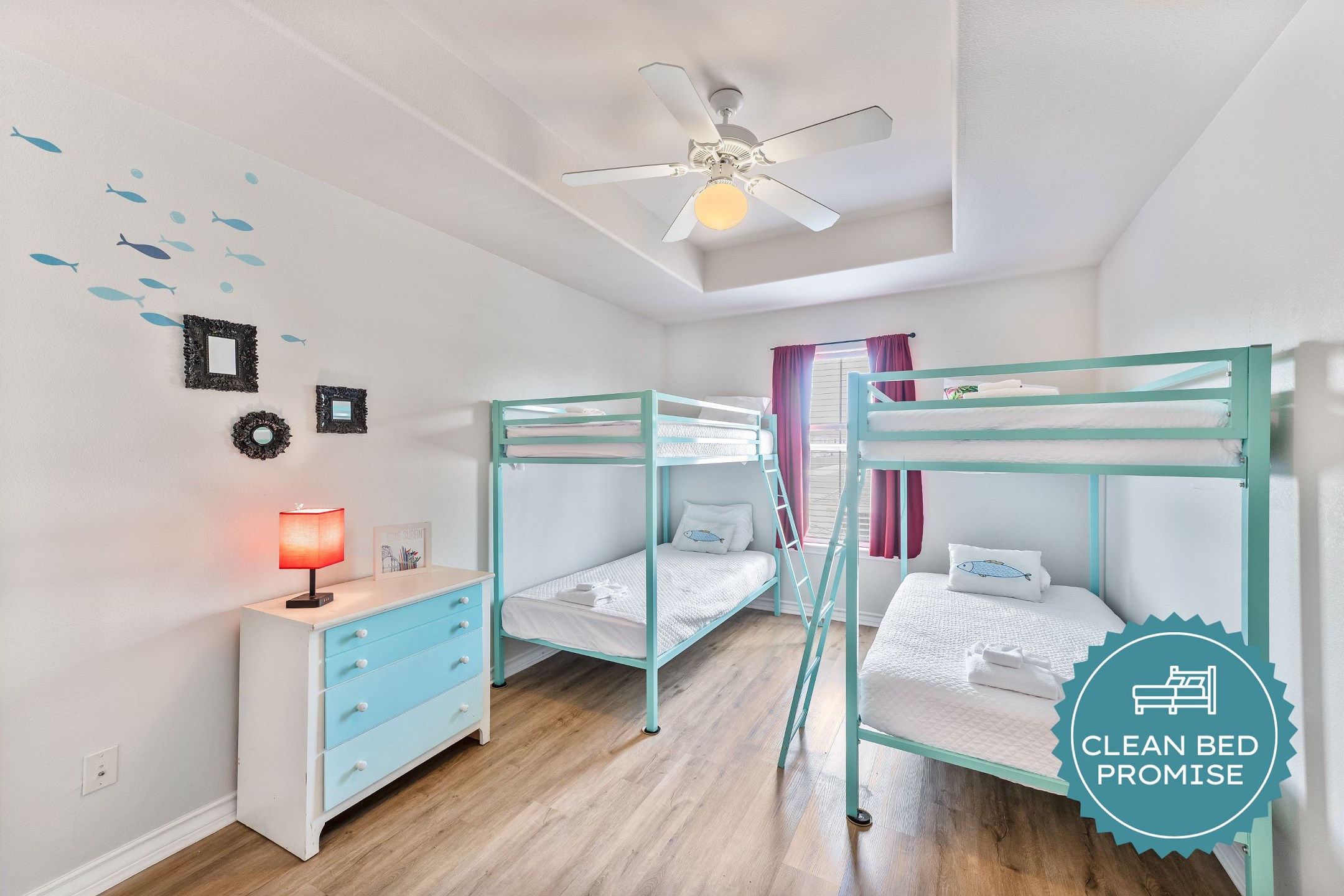 Sleep better at Padre Escapes with our exclusive Clean Bed Promise; providing fresh linens, comforters, and towels washed at high temperatures exceeding CDC recommendations, setting us apart for a truly restful vacation