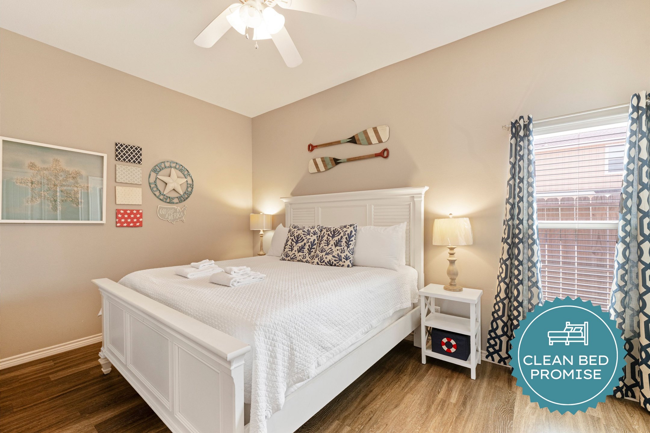 Sleep better at Padre Escapes with our exclusive Clean Bed Promise; providing fresh linens, comforters, and towels washed at high temperatures exceeding CDC recommendations, setting us apart for a truly restful vacation