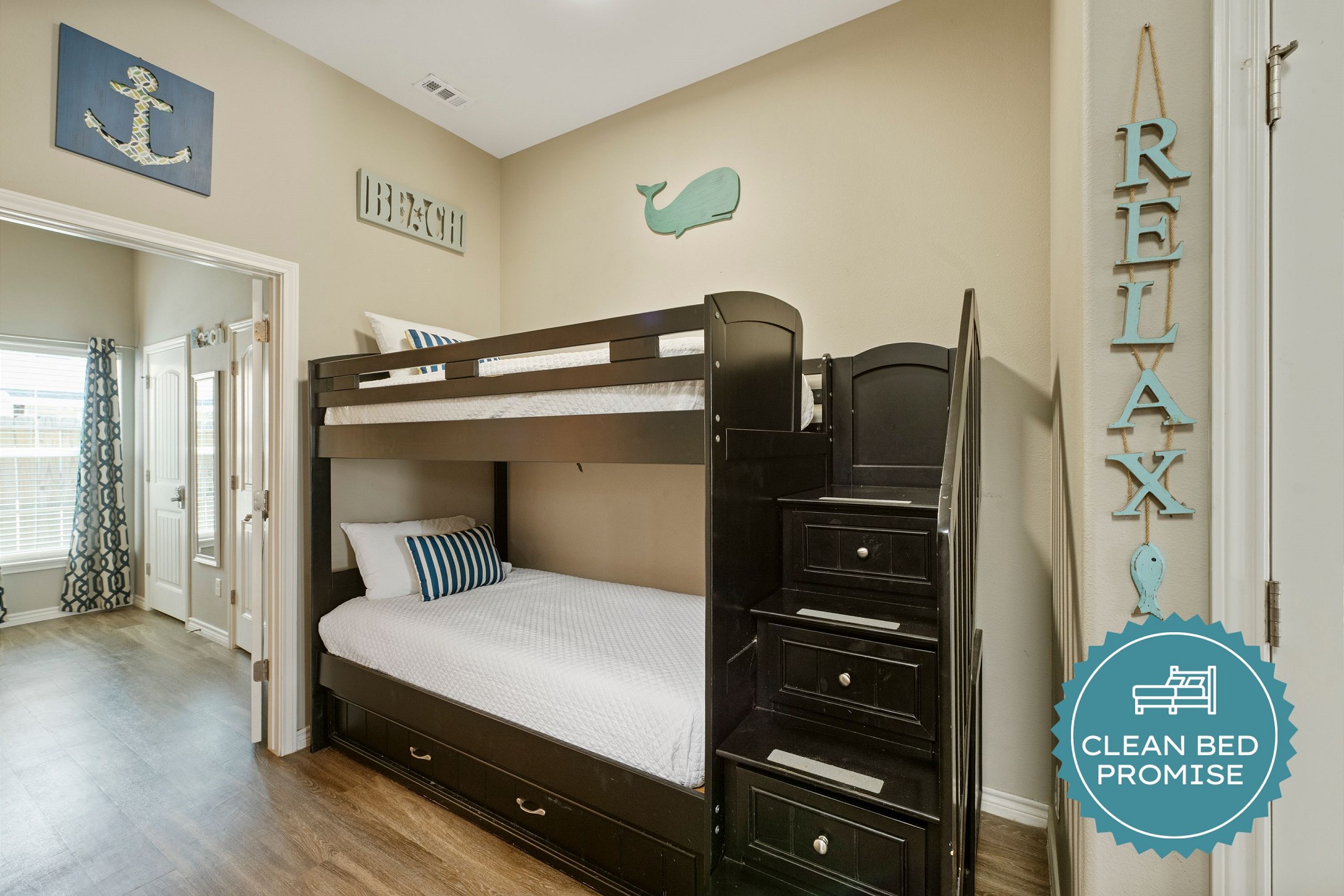 Sleep better at Padre Escapes with our exclusive Clean Bed Promise; providing fresh linens, comforters, and towels washed at high temperatures exceeding CDC recommendations, setting us apart for a truly restful vacation
