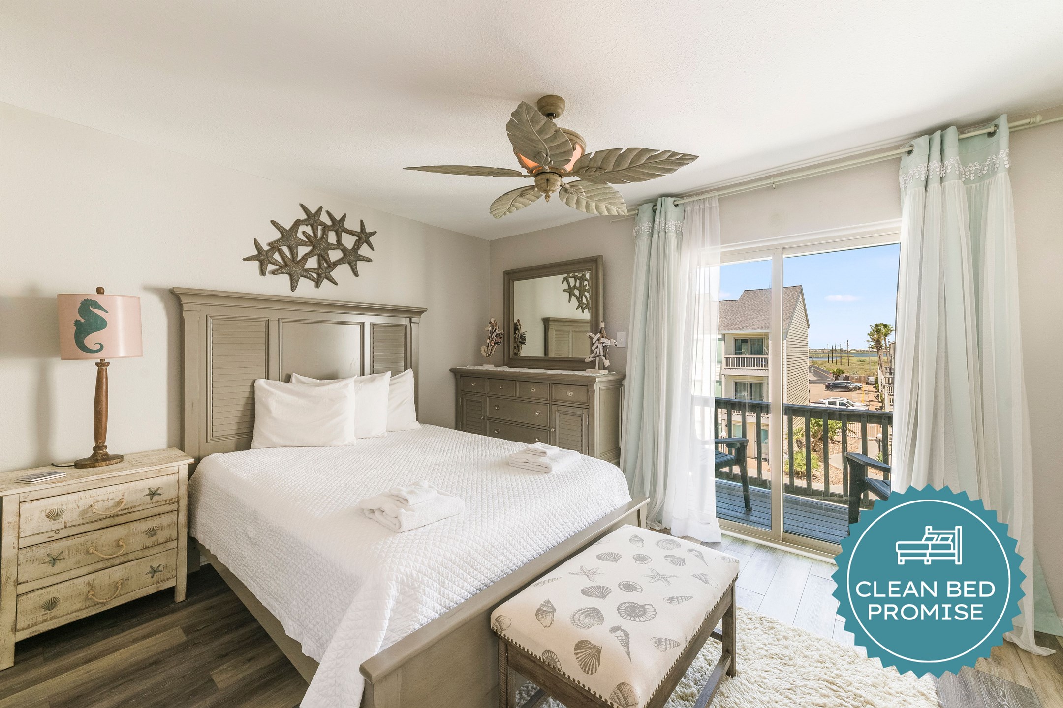 Sleep better at Padre Escapes with our exclusive Clean Bed Promise, providing fresh linens, comforters, and towels washed at high temperatures exceeding CDC recommendations, setting us apart for a truly restful vacation 