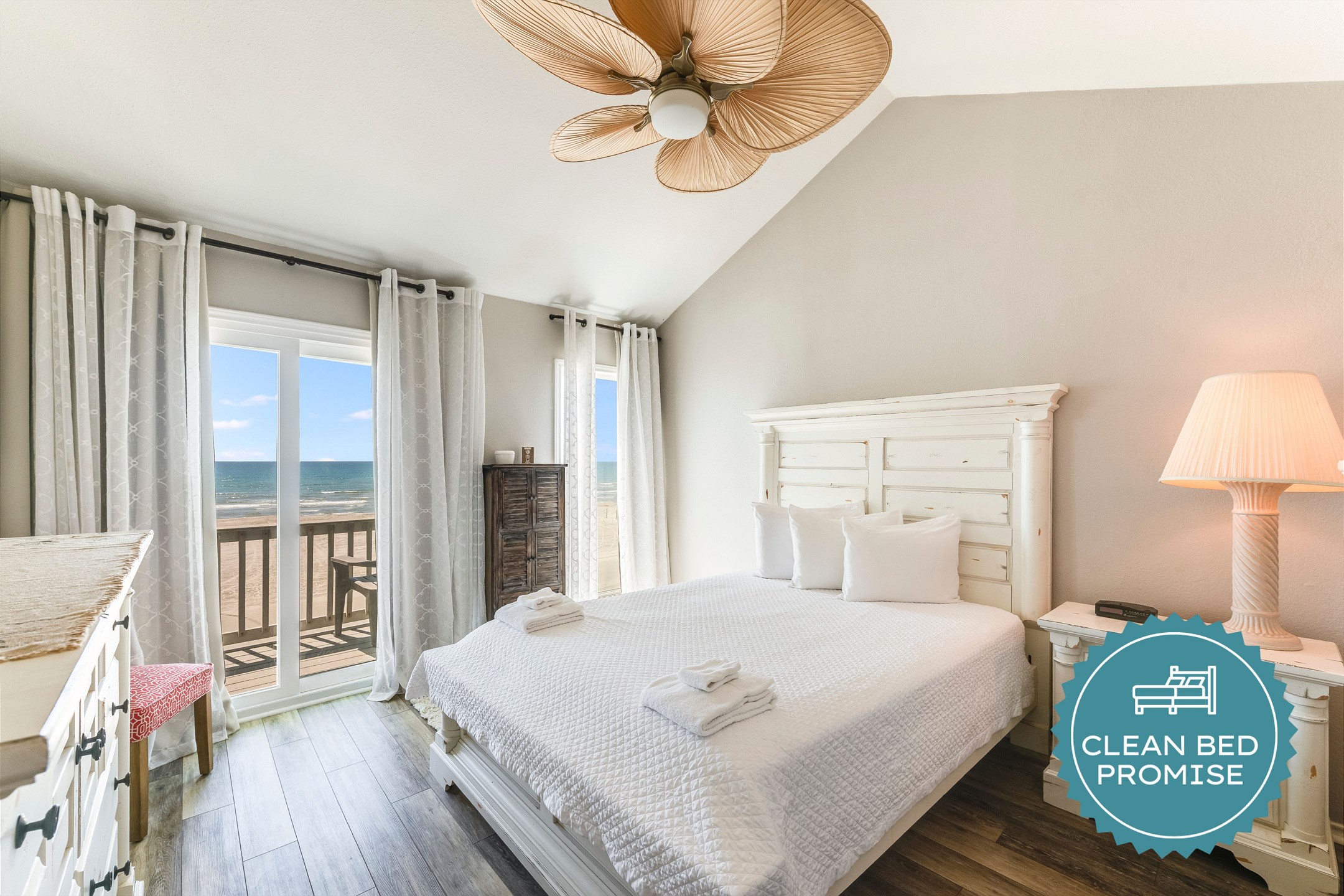 Sleep better at Padre Escapes with our exclusive Clean Bed Promise, providing fresh linens, comforters, and towels washed at high temperatures exceeding CDC recommendations, setting us apart for a truly restful vacation 