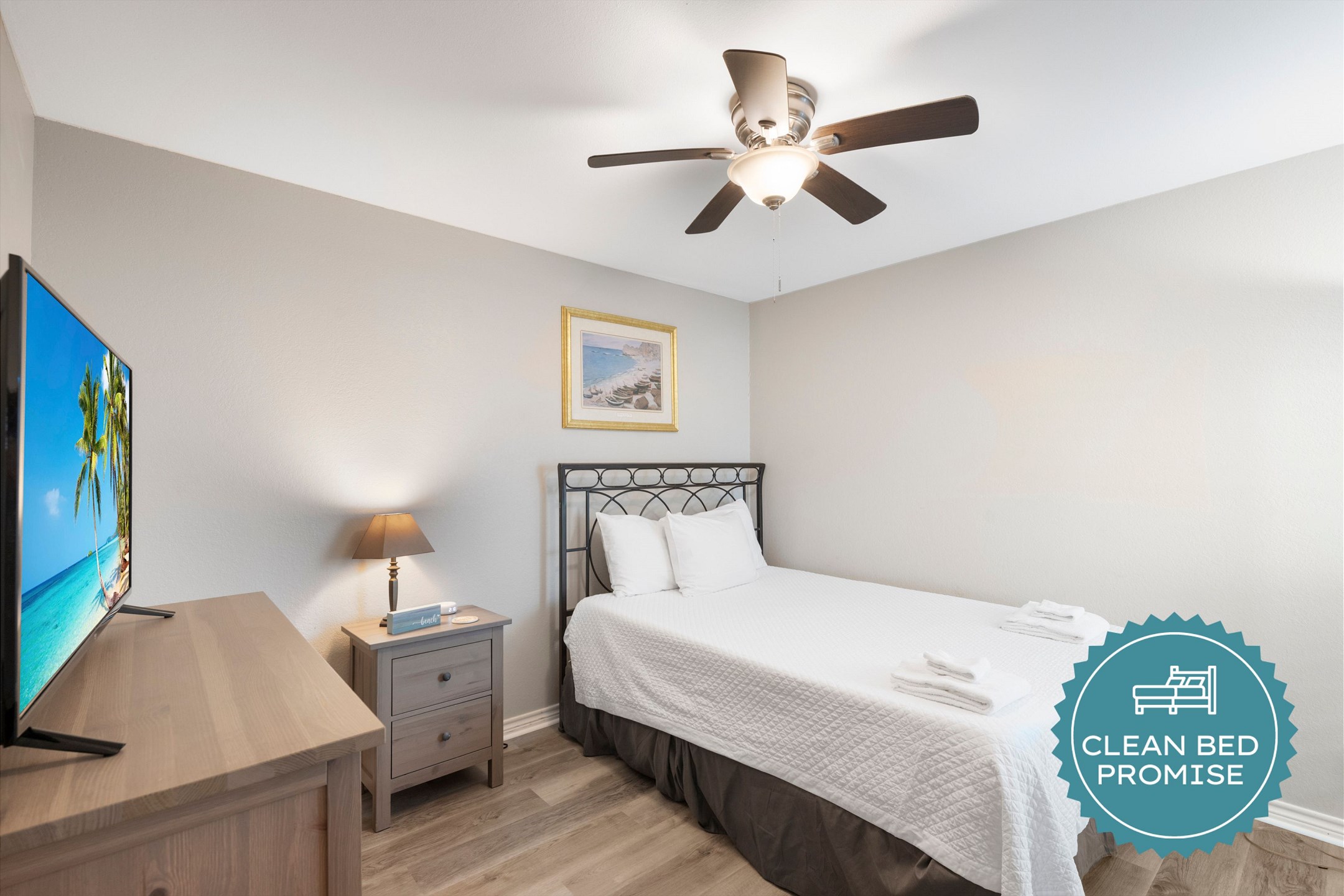 Sleep better at Padre Escapes with our exclusive Clean Bed Promise; providing fresh linens, comforters, and towels washed at high temperatures exceeding CDC recommendations, setting us apart for a truly restful vacation