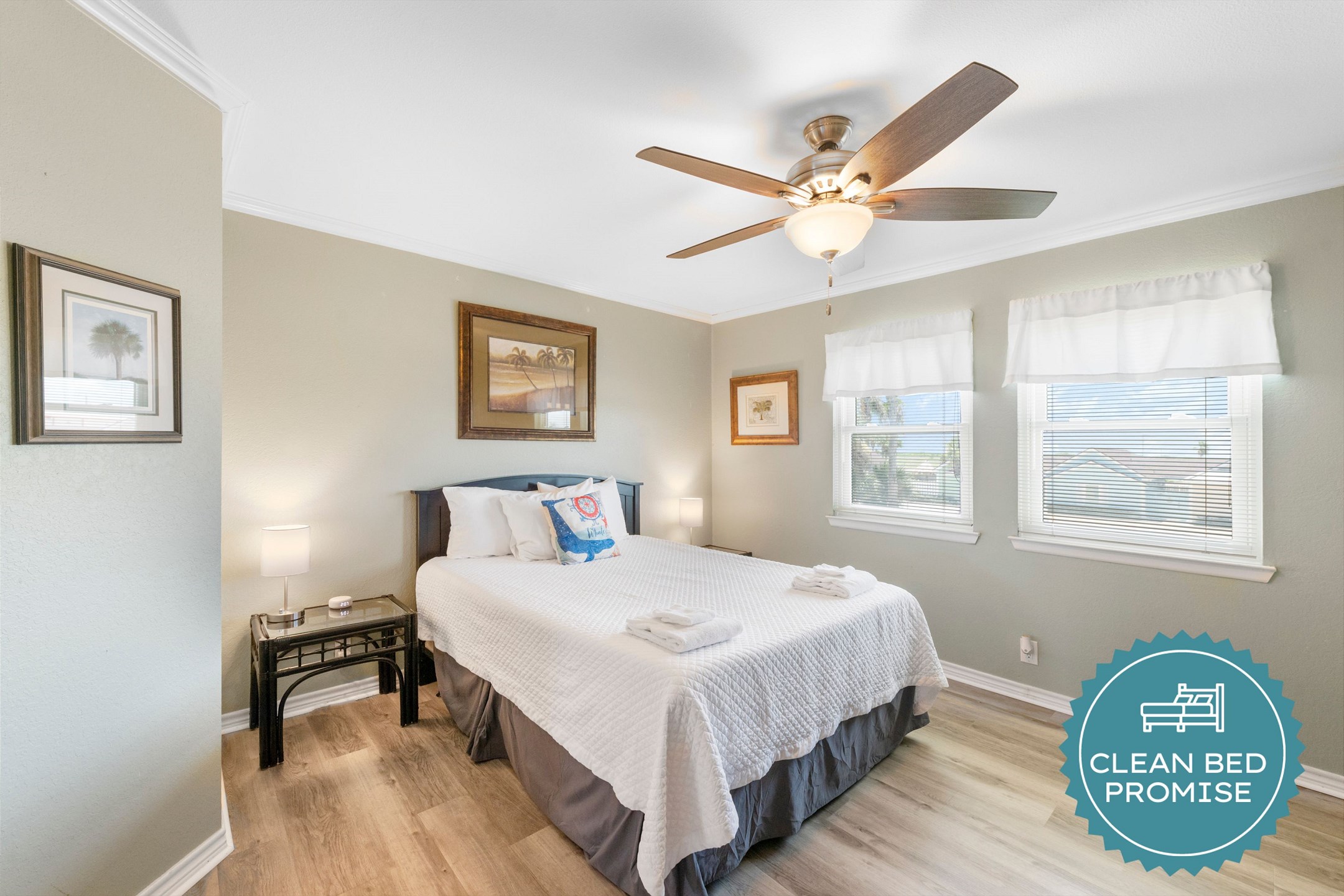 Sleep better at Padre Escapes with our exclusive Clean Bed Promise; providing fresh linens, comforters, and towels washed at high temperatures exceeding CDC recommendations, setting us apart for a truly restful vacation