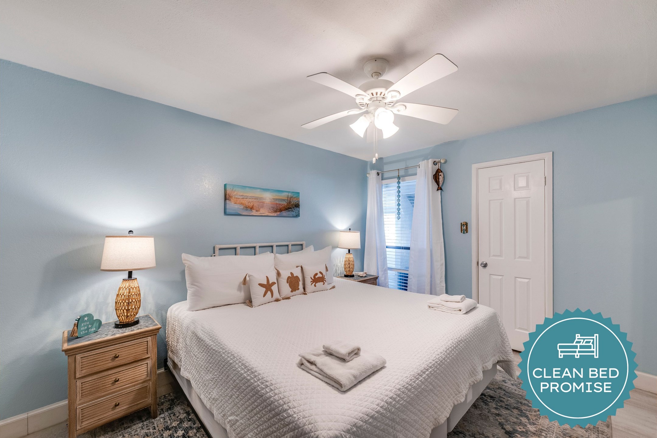 Sleep better at Padre Escapes with our exclusive Clean Bed Promise; providing fresh linens, comforters, and towels washed at high temperatures exceeding CDC recommendations, setting us apart for a truly restful vacation