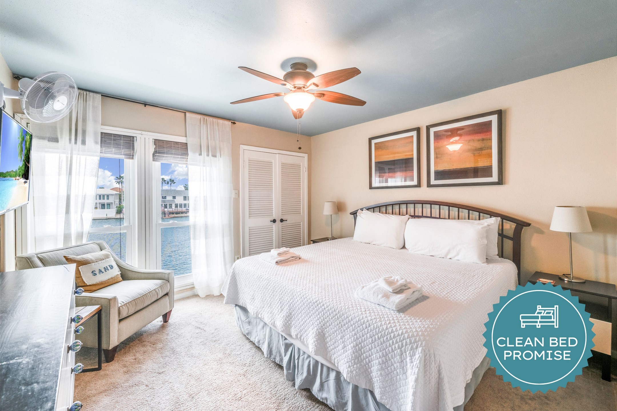 Sleep better at Padre Escapes with our exclusive Clean Bed Promise; providing fresh linens, comforters, and towels washed at high temperatures exceeding CDC recommendations, setting us apart for a truly restful vacation