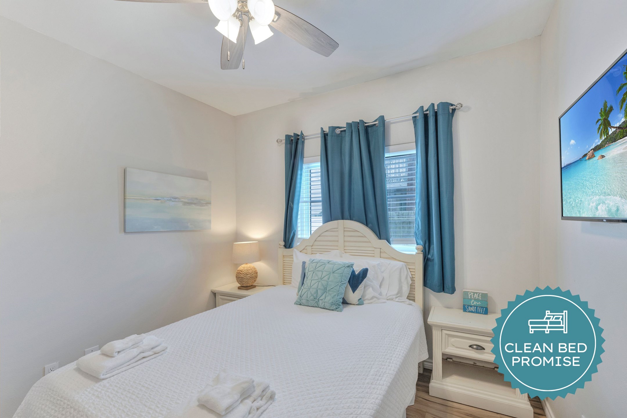 Sleep better at Padre Escapes with our exclusive Clean Bed Promise; providing fresh linens, comforters, and towels washed at high temperatures exceeding CDC recommendations, setting us apart for a truly restful vacation
