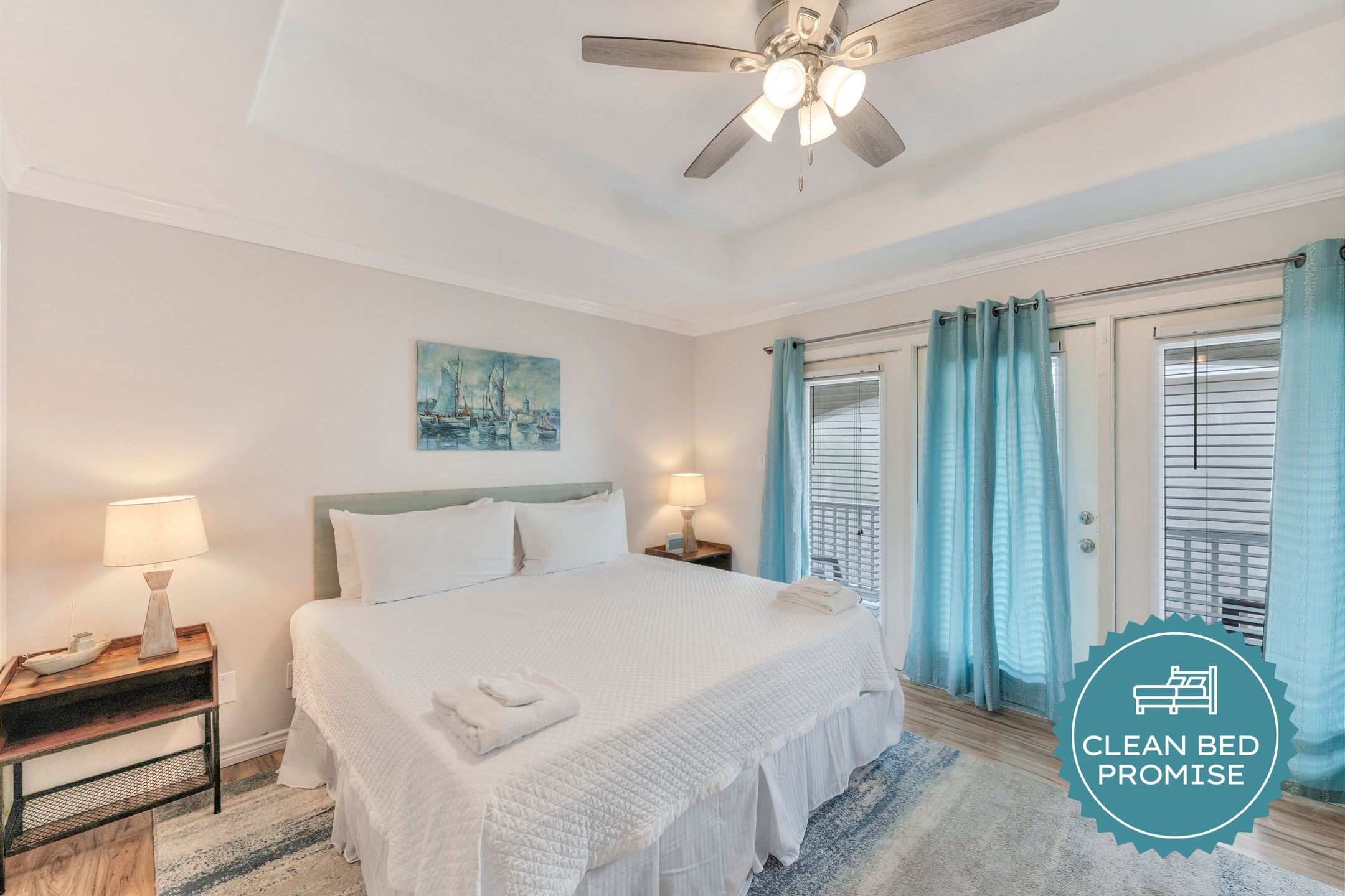 Sleep better at Padre Escapes with our exclusive Clean Bed Promise; providing fresh linens, comforters, and towels washed at high temperatures exceeding CDC recommendations, setting us apart for a truly restful vacation