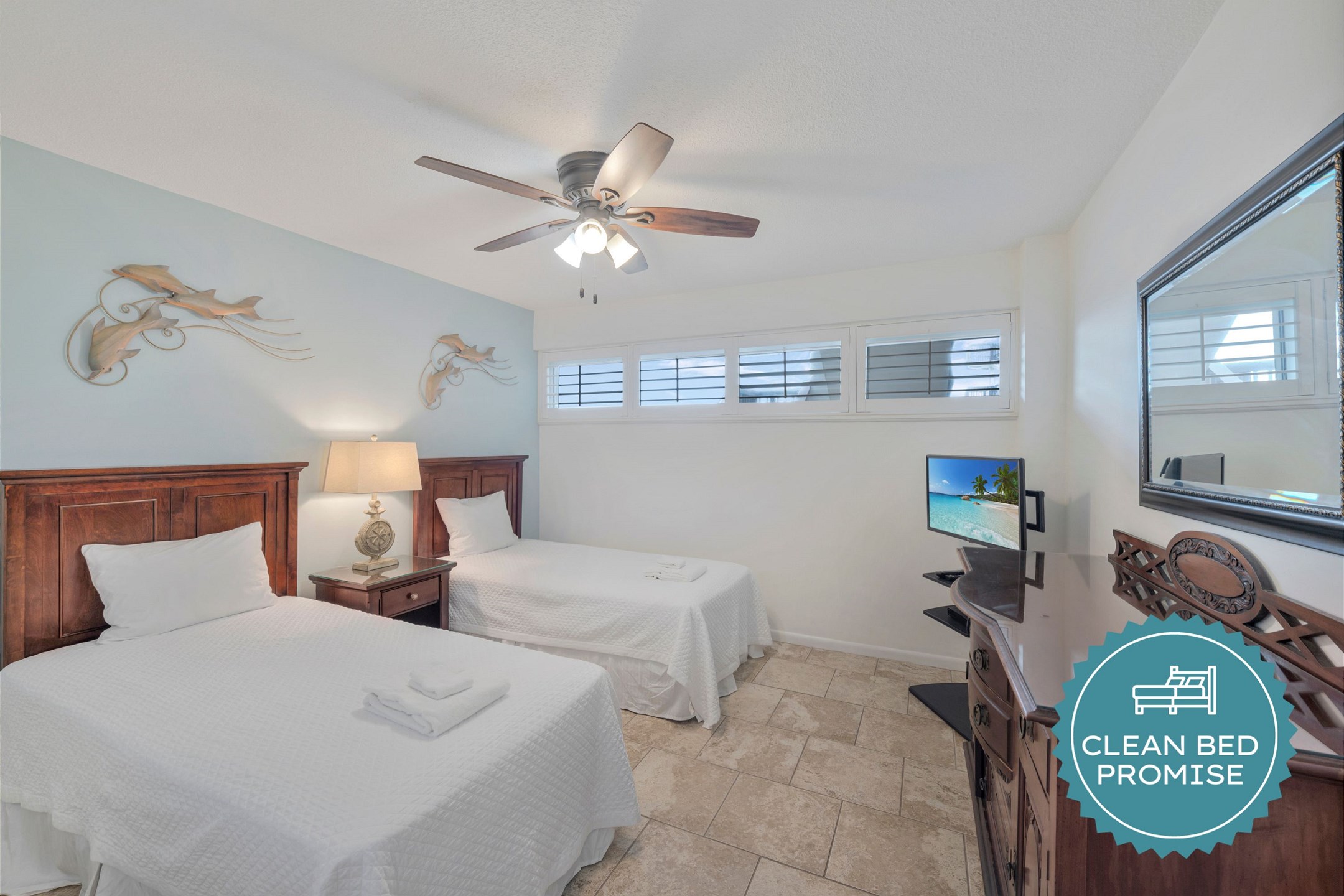 Sleep better at Padre Escapes with our exclusive Clean Bed Promise, providing fresh linens, comforters, and towels washed at high temperatures exceeding CDC recommendations, setting us apart for a truly restful vacation