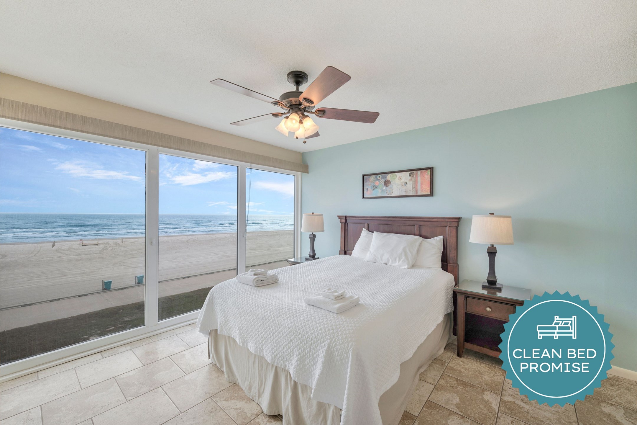 Sleep better at Padre Escapes with our exclusive Clean Bed Promise, providing fresh linens, comforters, and towels washed at high temperatures exceeding CDC recommendations, setting us apart for a truly restful vacation
