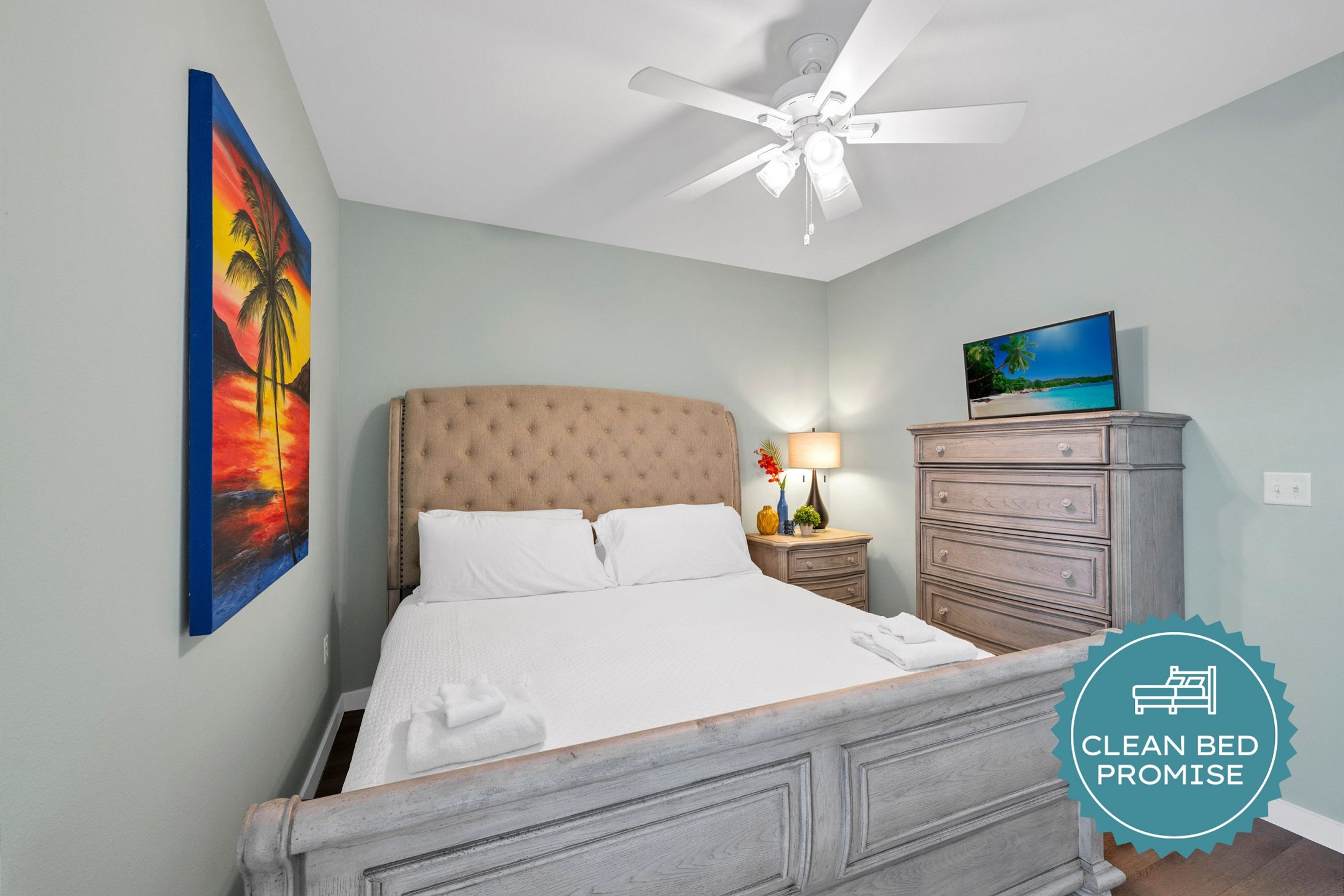 Sleep better at Padre Escapes with our exclusive Clean Bed Promise; providing fresh linens, comforters, and towels washed at high temperatures exceeding CDC recommendations, setting us apart for a truly restful vacation