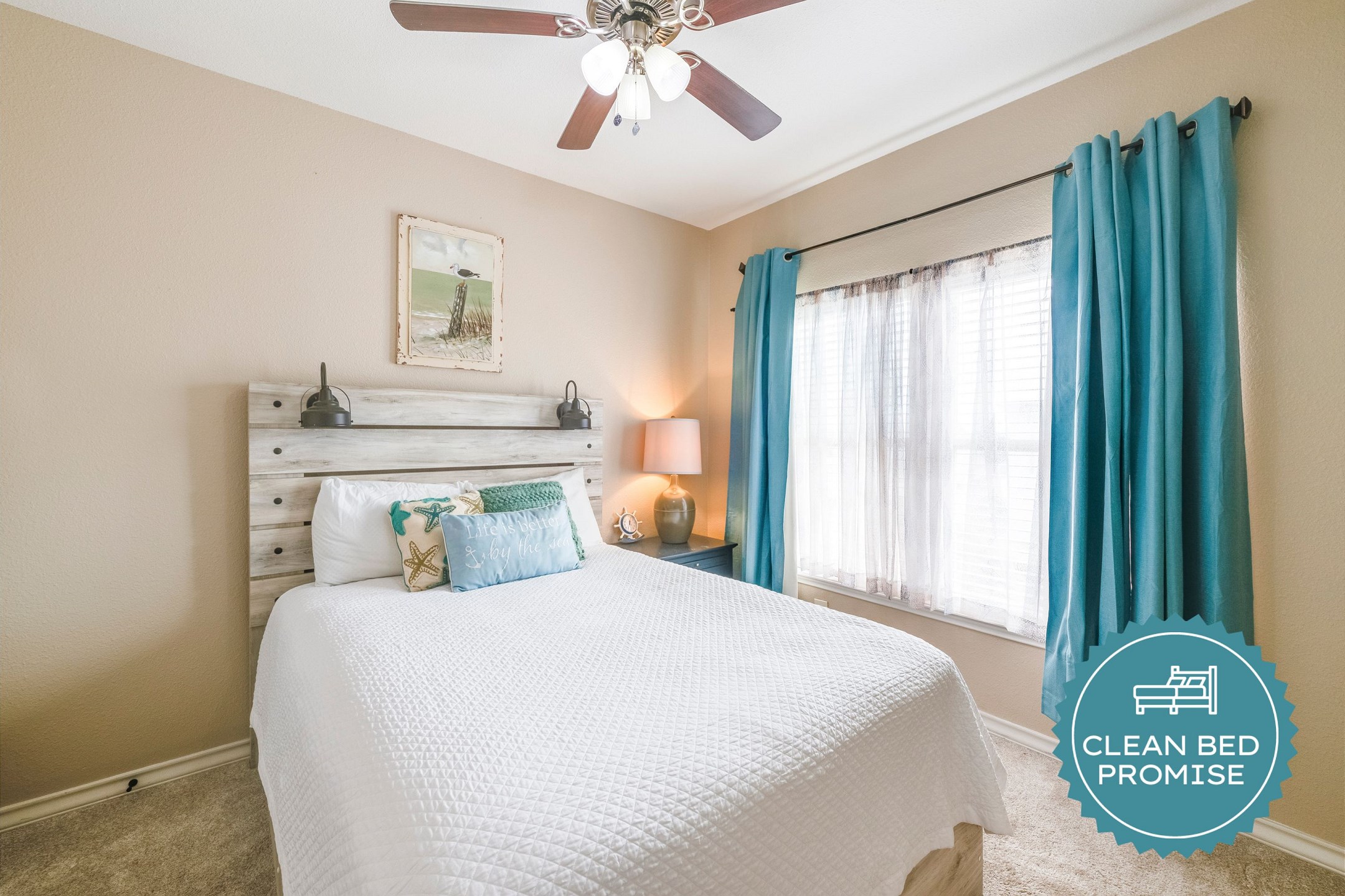 Sleep better at Padre Escapes with our exclusive Clean Bed Promise; providing fresh linens, comforters, and towels washed at high temperatures exceeding CDC recommendations, setting us apart for a truly restful vacation