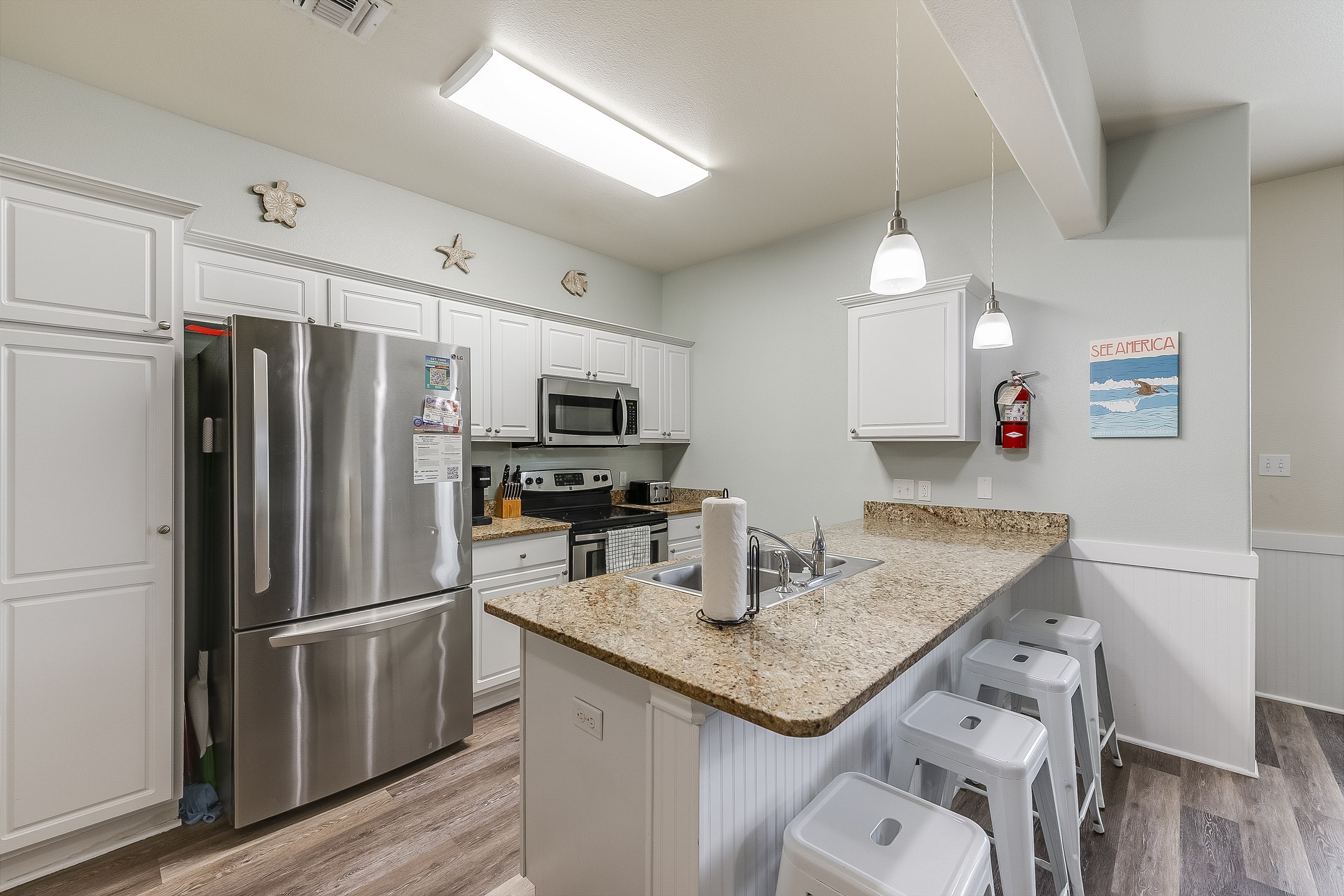 Island retreat kitchen stocked with everything you need for dining in