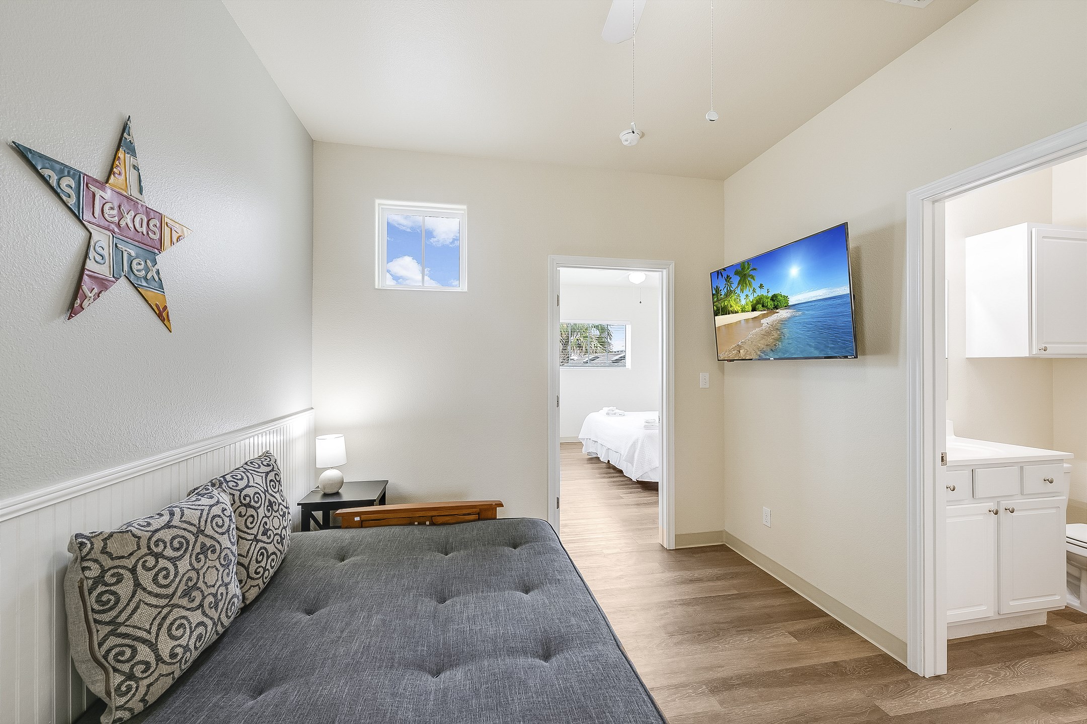 Loft area on the second floor with full size futon and flat screen TV