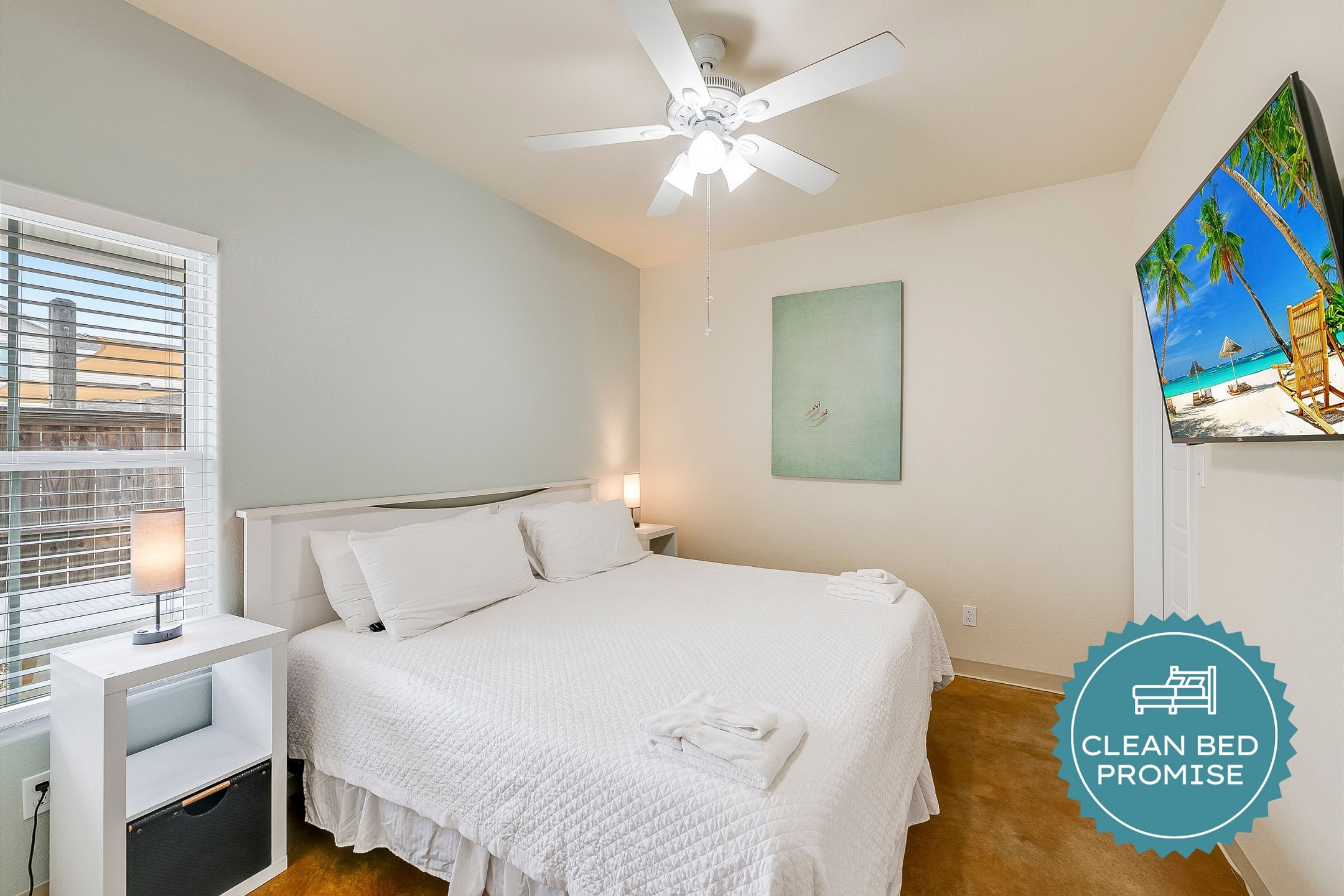 Sleep better at Padre Escapes with our exclusive Clean Bed Promise; providing fresh linens, comforters, and towels washed at high temperatures exceeding CDC recommendations, setting us apart for a truly restful vacation