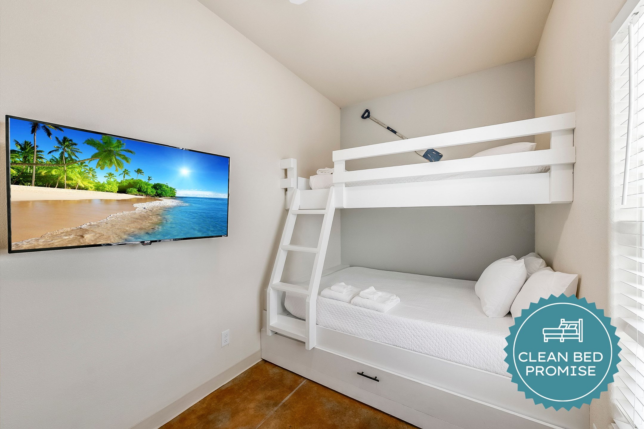 Sleep better at Padre Escapes with our exclusive Clean Bed Promise; providing fresh linens, comforters, and towels washed at high temperatures exceeding CDC recommendations, setting us apart for a truly restful vacation