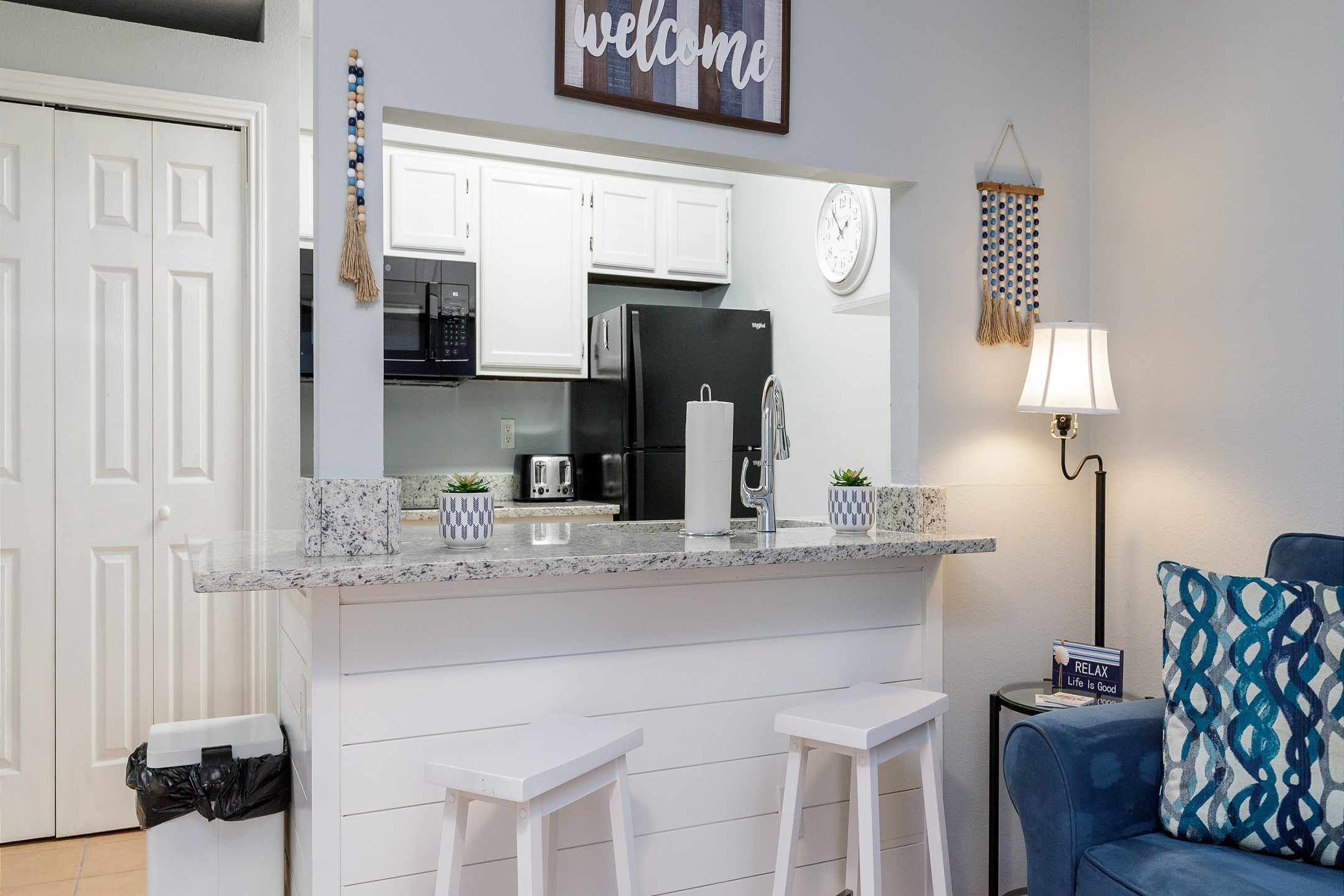 Updated kitchen and breakfast bar with seating for two 