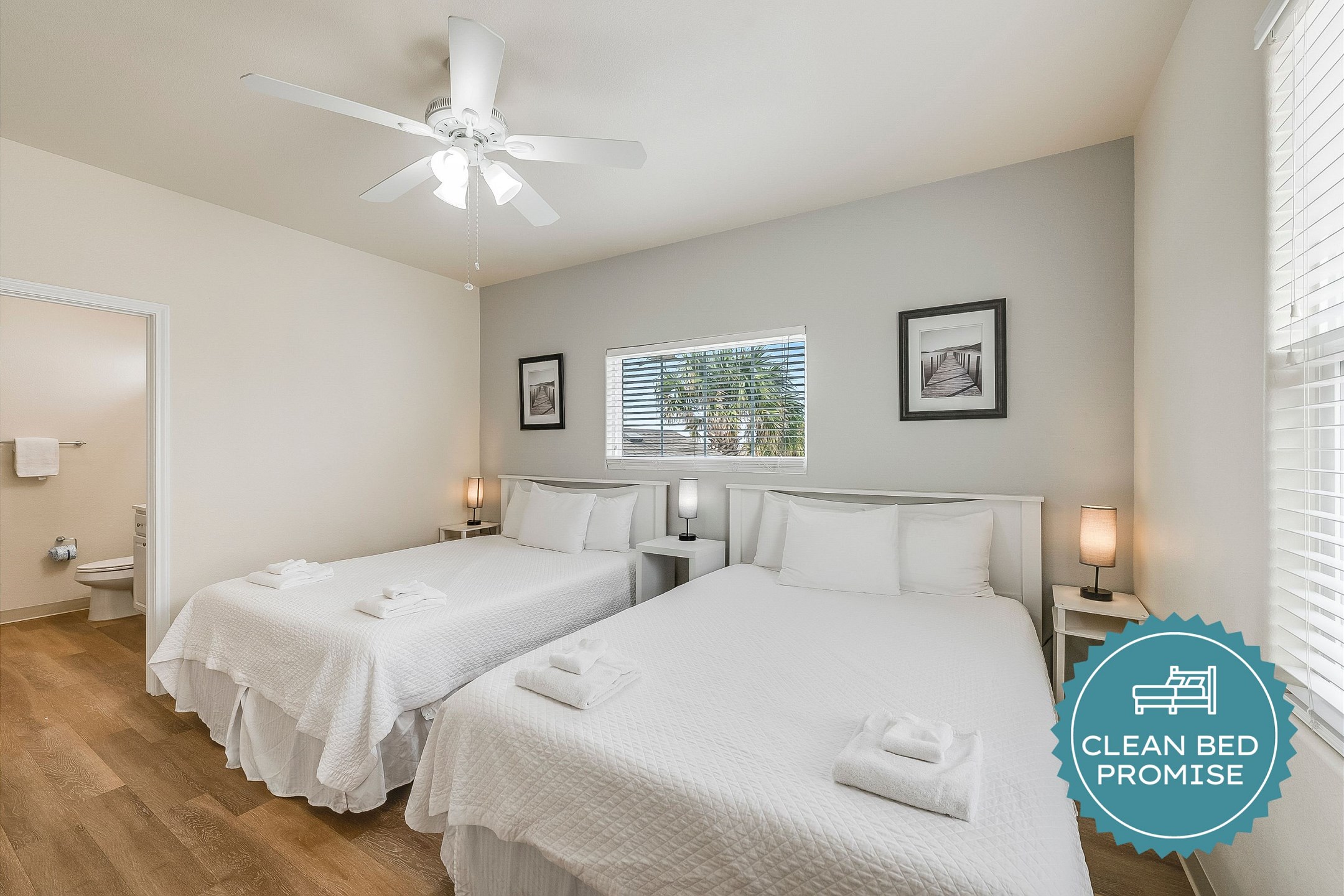 Sleep better at Padre Escapes with our exclusive Clean Bed Promise; providing fresh linens, comforters, and towels washed at high temperatures exceeding CDC recommendations, setting us apart for a truly restful vacation