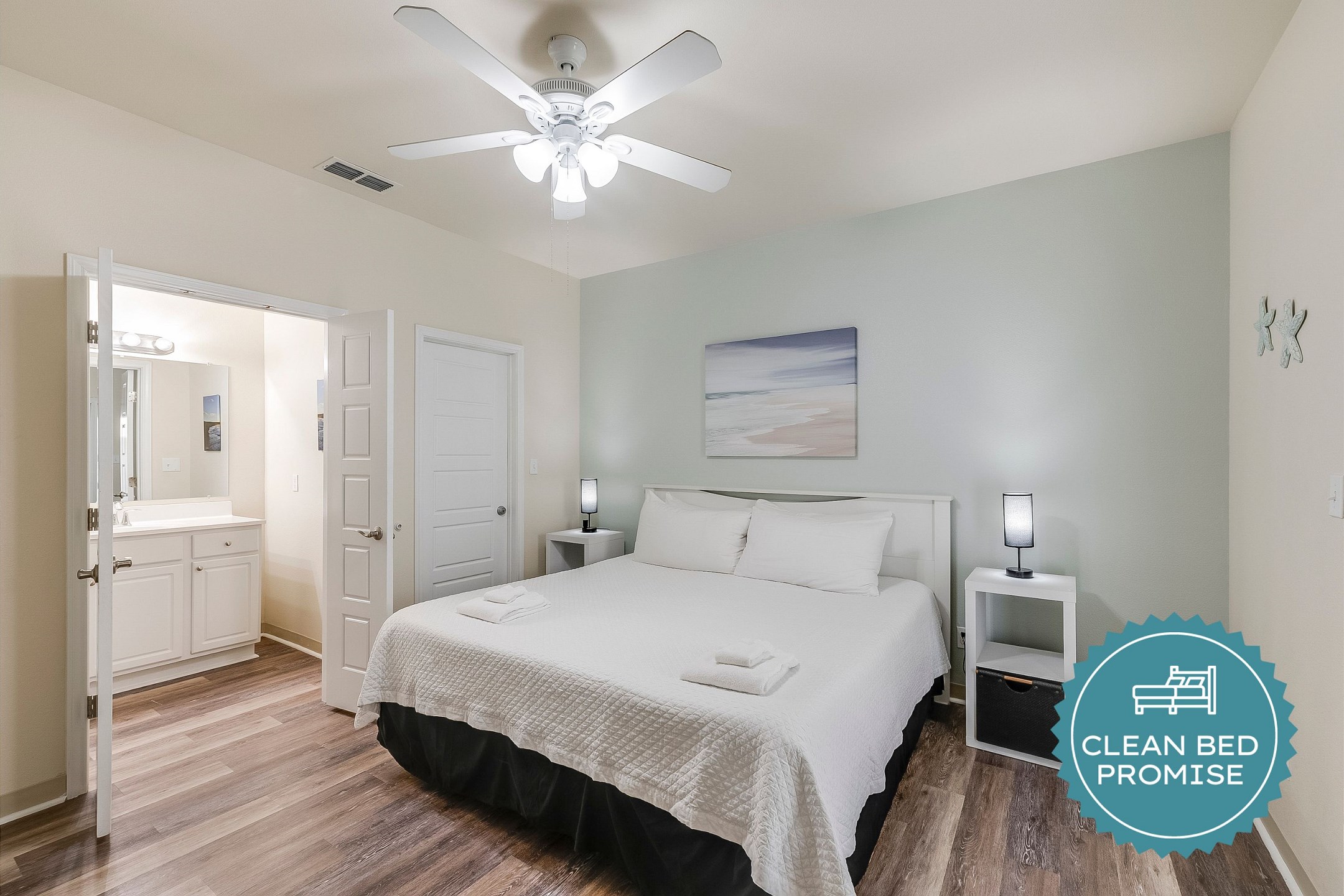 Sleep better at Padre Escapes with our exclusive Clean Bed Promise; providing fresh linens, comforters, and towels washed at high temperatures exceeding CDC recommendations, setting us apart for a truly restful vacation