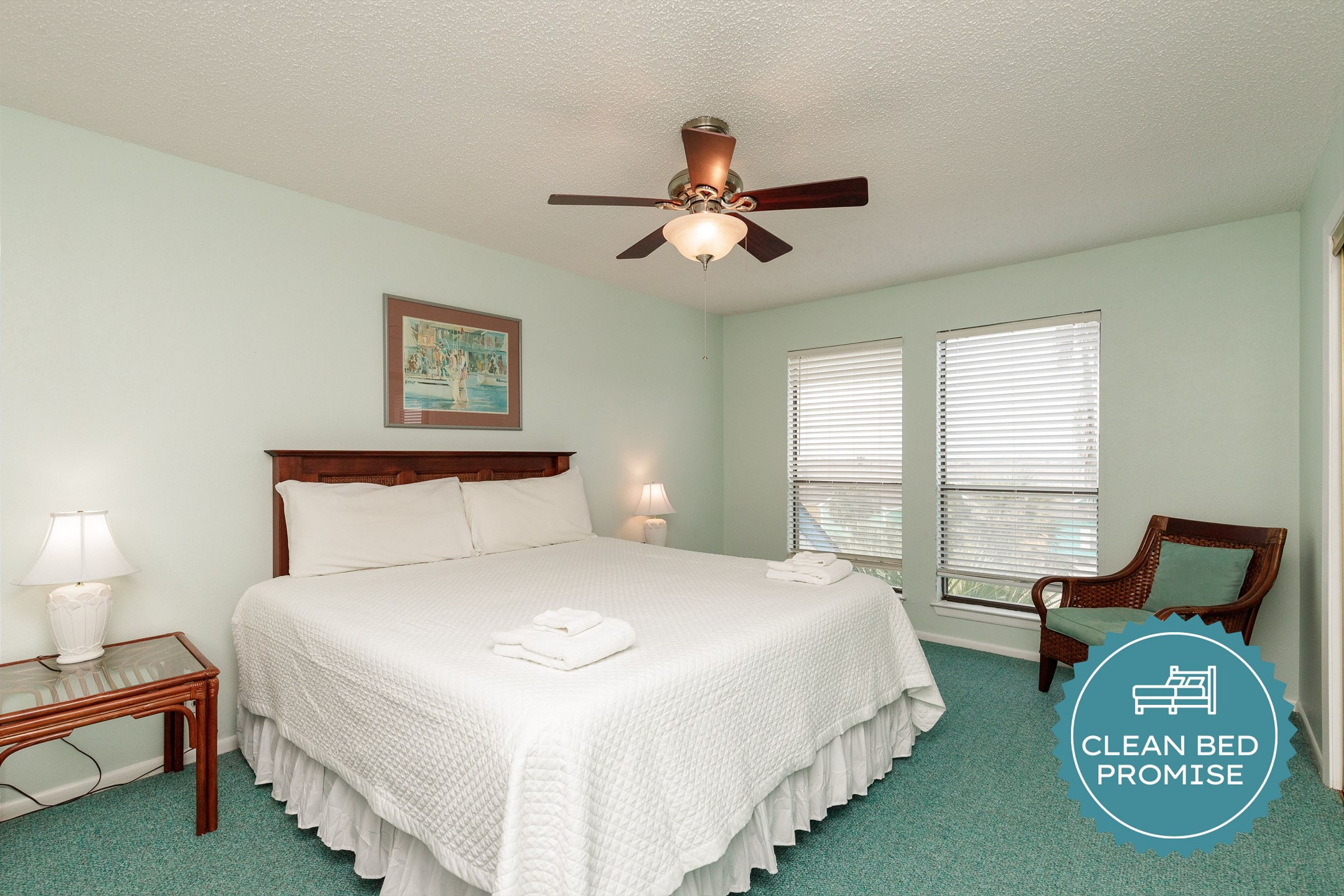 Sleep better at Padre Escapes with our exclusive Clean Bed Promise; providing fresh linens, comforters, and towels washed at high temperatures exceeding CDC recommendations, setting us apart for a truly restful vacation