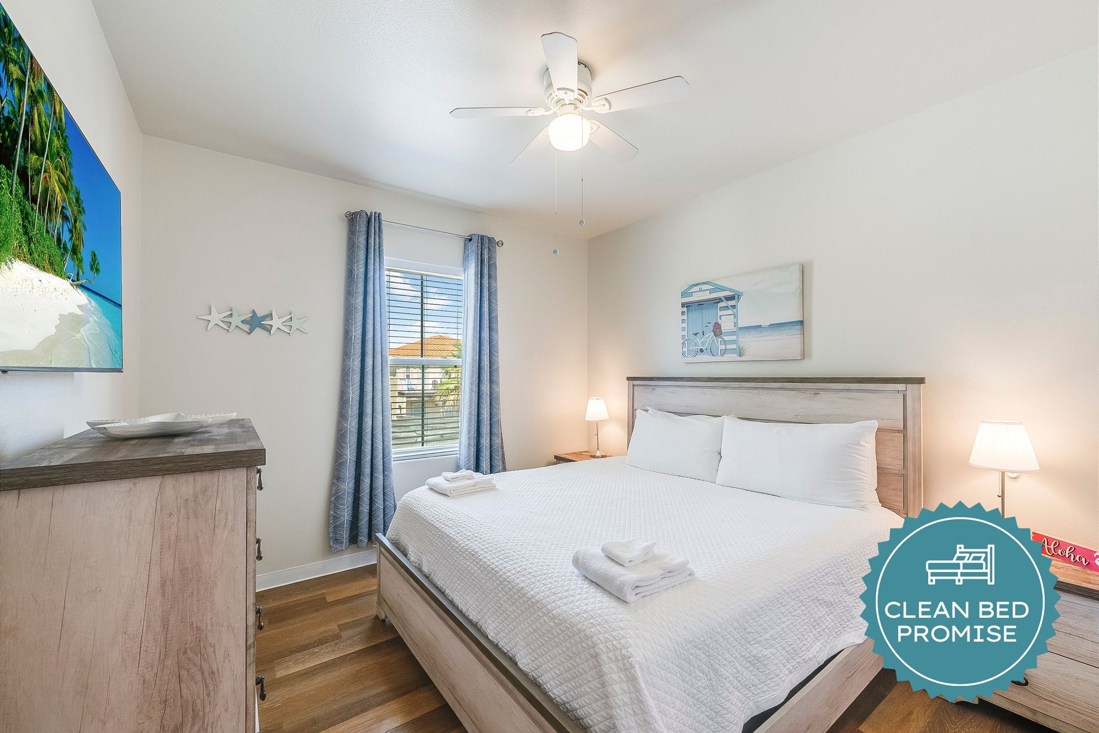 Sleep better at Padre Escapes with our exclusive Clean Bed Promise, providing fresh linens, comforters, and towels washed at high temperatures exceeding CDC recommendations, setting us apart for a truly restful vacation 
