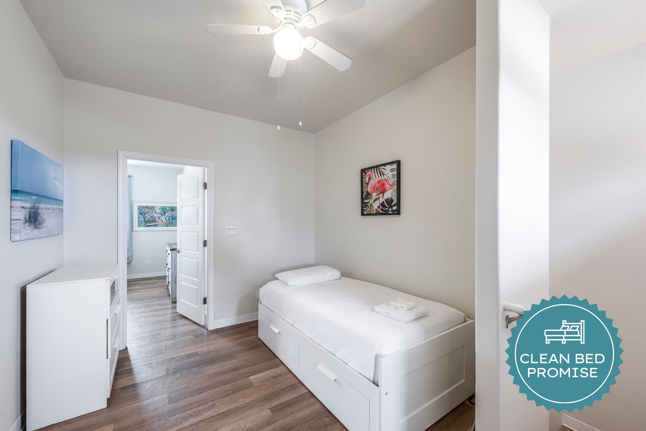 Sleep better at Padre Escapes with our exclusive Clean Bed Promise, providing fresh linens, comforters, and towels washed at high temperatures exceeding CDC recommendations, setting us apart for a truly restful vacation 

