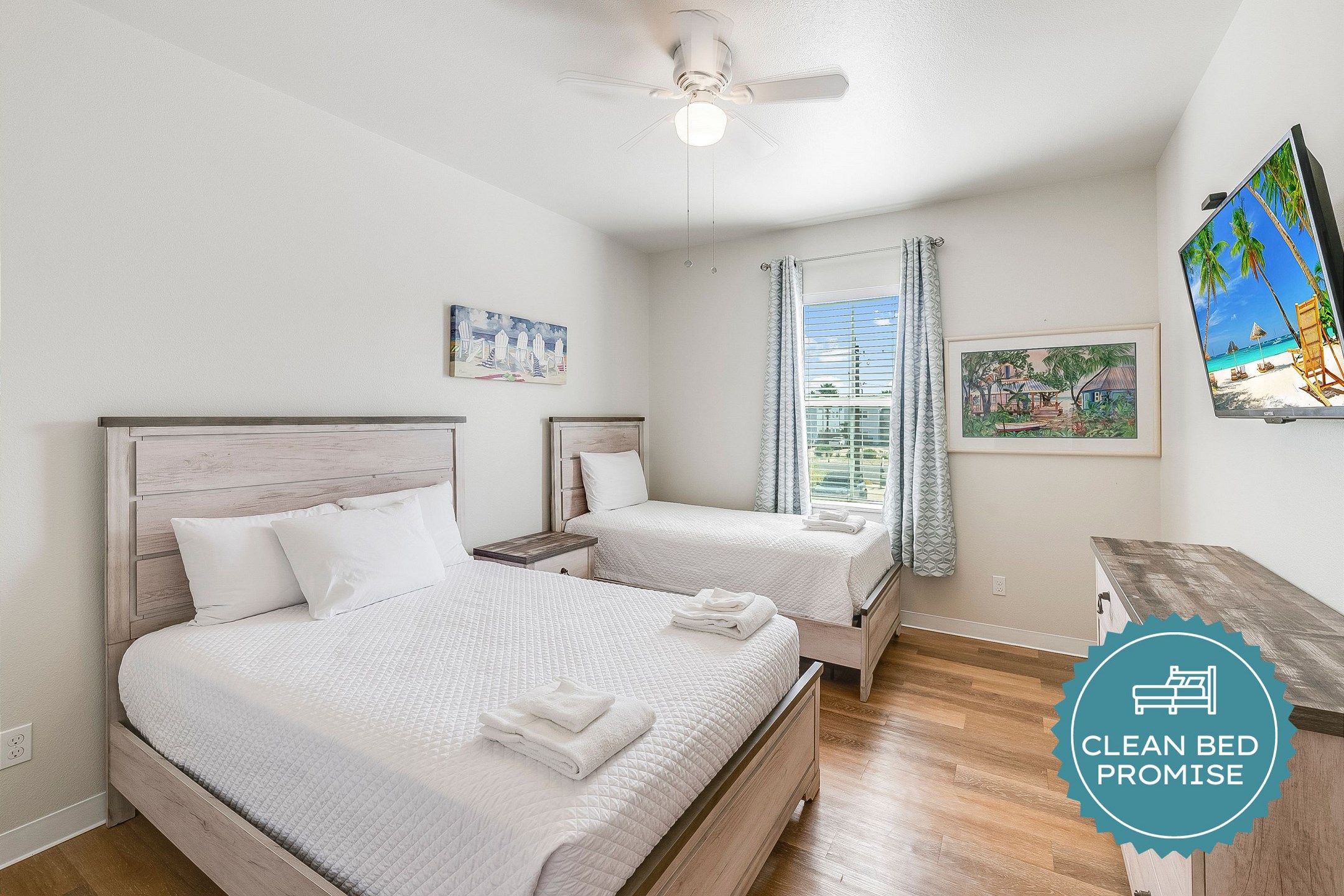 Sleep better at Padre Escapes with our exclusive Clean Bed Promise, providing fresh linens, comforters, and towels washed at high temperatures exceeding CDC recommendations, setting us apart for a truly restful vacation 
