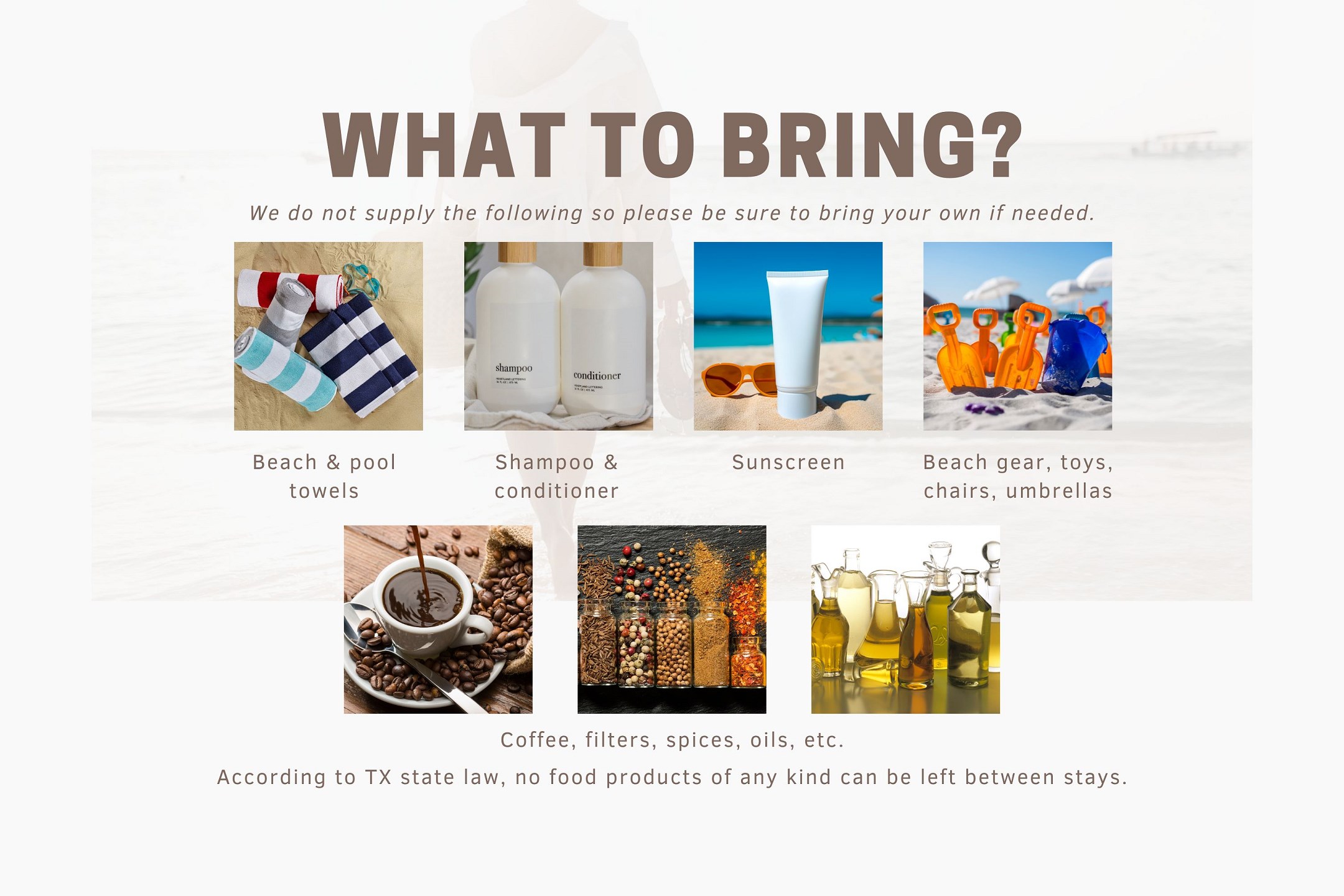 Prepare for your beach getaway! Here is a quick guide on what to bring for a perfect stay with Padre Escapes