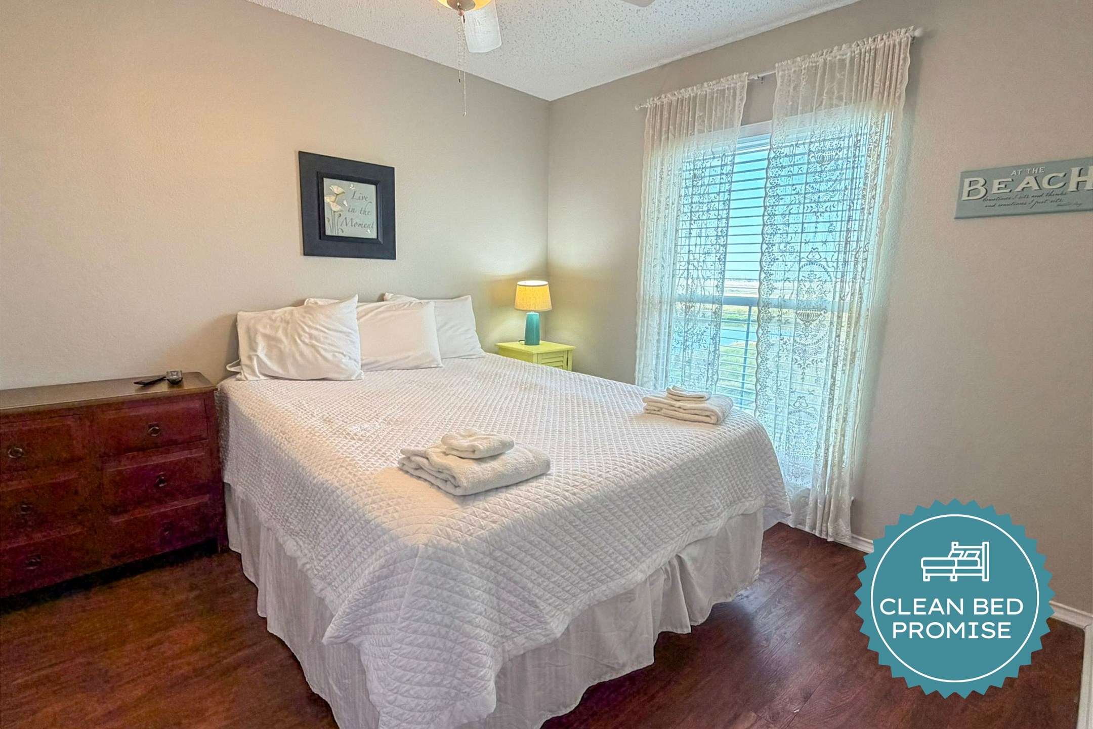 Sleep better at Padre Escapes with our exclusive Clean Bed Promise; providing fresh linens, comforters, and towels washed at high temperatures exceeding CDC recommendations, setting us apart for a truly restful vacation