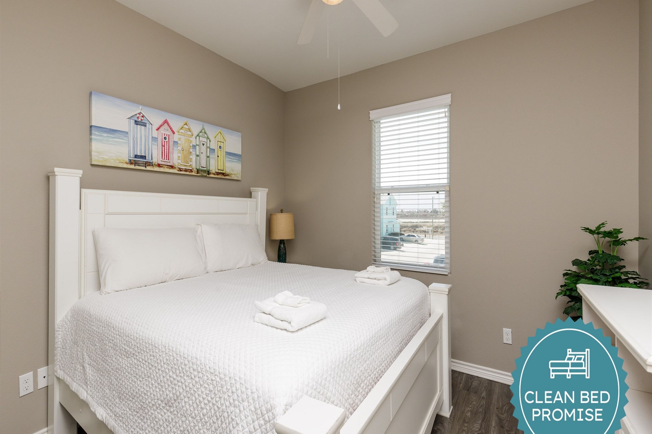 Sleep better at Padre Escapes with our exclusive Clean Bed Promise; providing fresh linens, comforters, and towels washed at high temperatures exceeding CDC recommendations, setting us apart for a truly restful vacation   