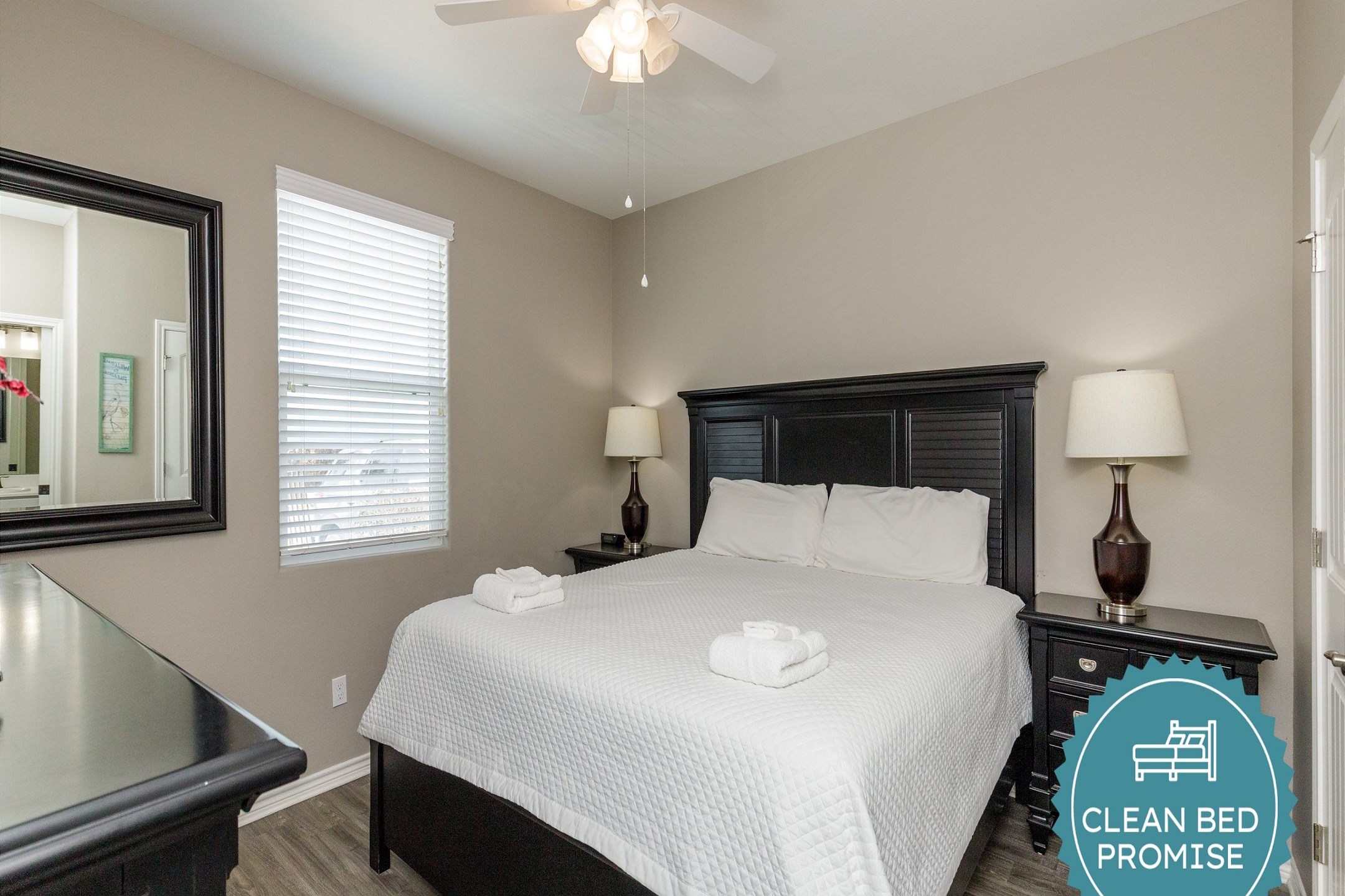 Sleep better at Padre Escapes with our exclusive Clean Bed Promise; providing fresh linens, comforters, and towels washed at high temperatures exceeding CDC recommendations, setting us apart for a truly restful vacation