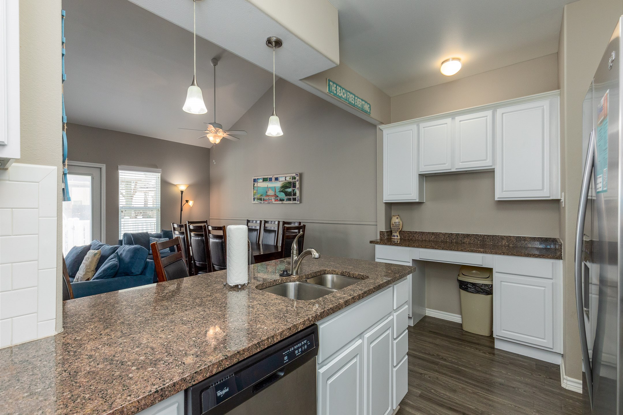 Nicely-equipped kitchen and a desk space for anyone who has to work while they are away