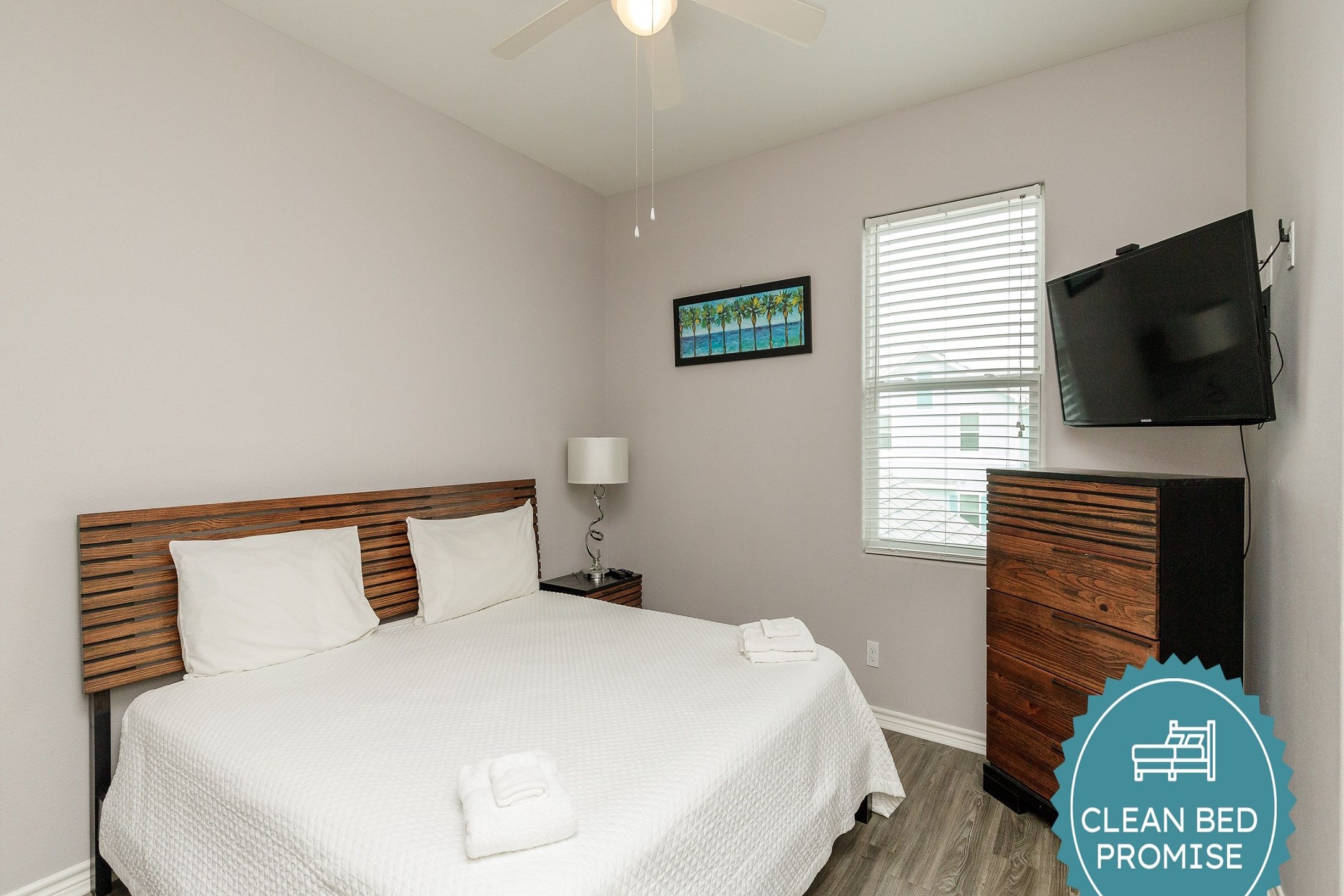 Sleep better at Padre Escapes with our exclusive Clean Bed Promise; providing fresh linens, comforters, and towels washed at high temperatures exceeding CDC recommendations, setting us apart for a truly restful vacation