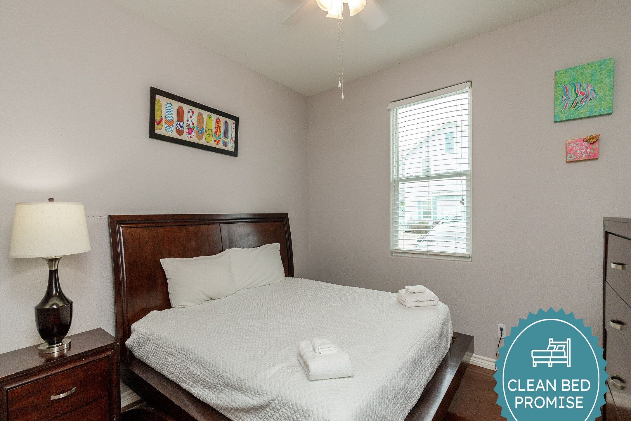 Sleep better at Padre Escapes with our exclusive Clean Bed Promise; providing fresh linens, comforters, and towels washed at high temperatures exceeding CDC recommendations, setting us apart for a truly restful vacation