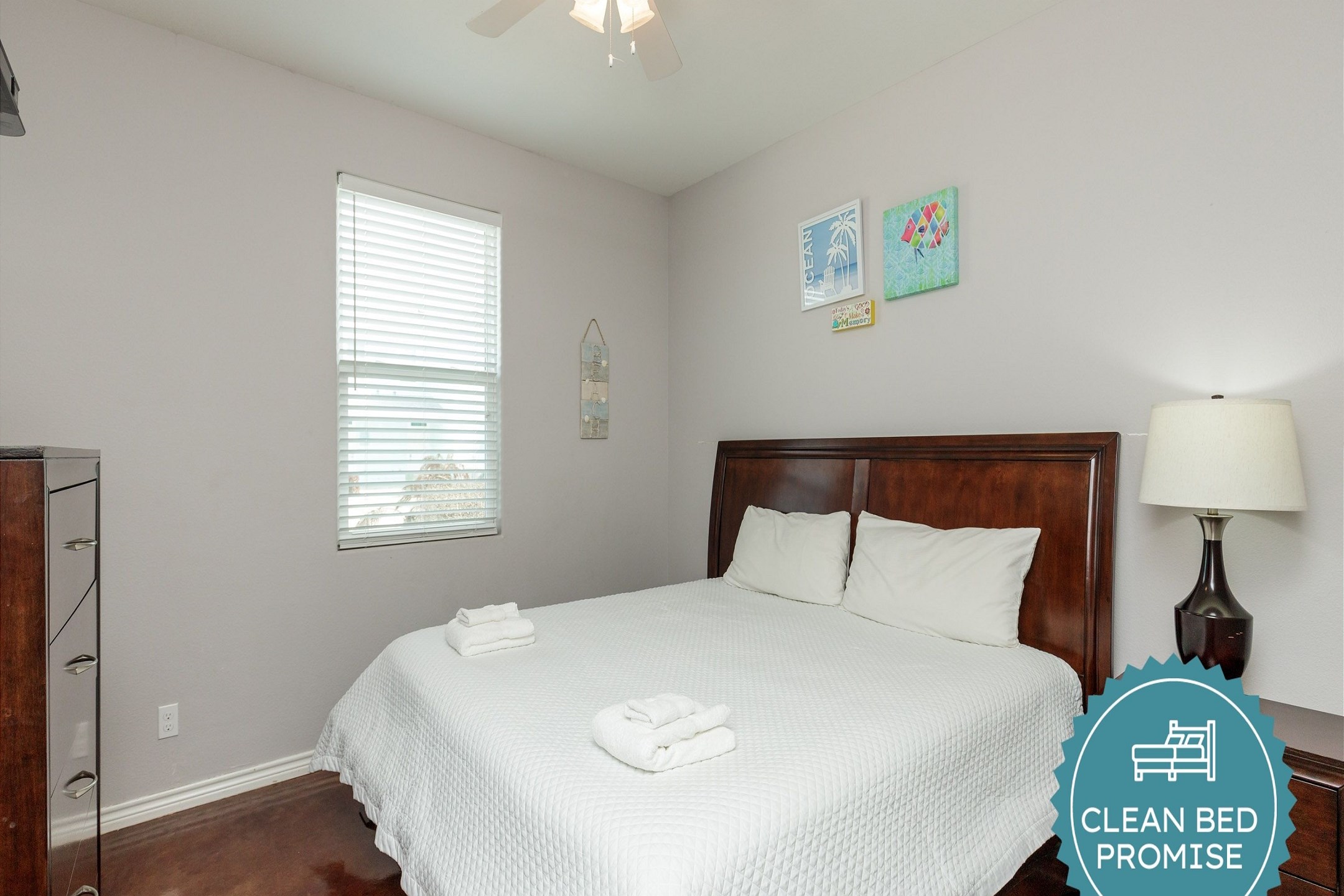 Sleep better at Padre Escapes with our exclusive Clean Bed Promise; providing fresh linens, comforters, and towels washed at high temperatures exceeding CDC recommendations, setting us apart for a truly restful vacation