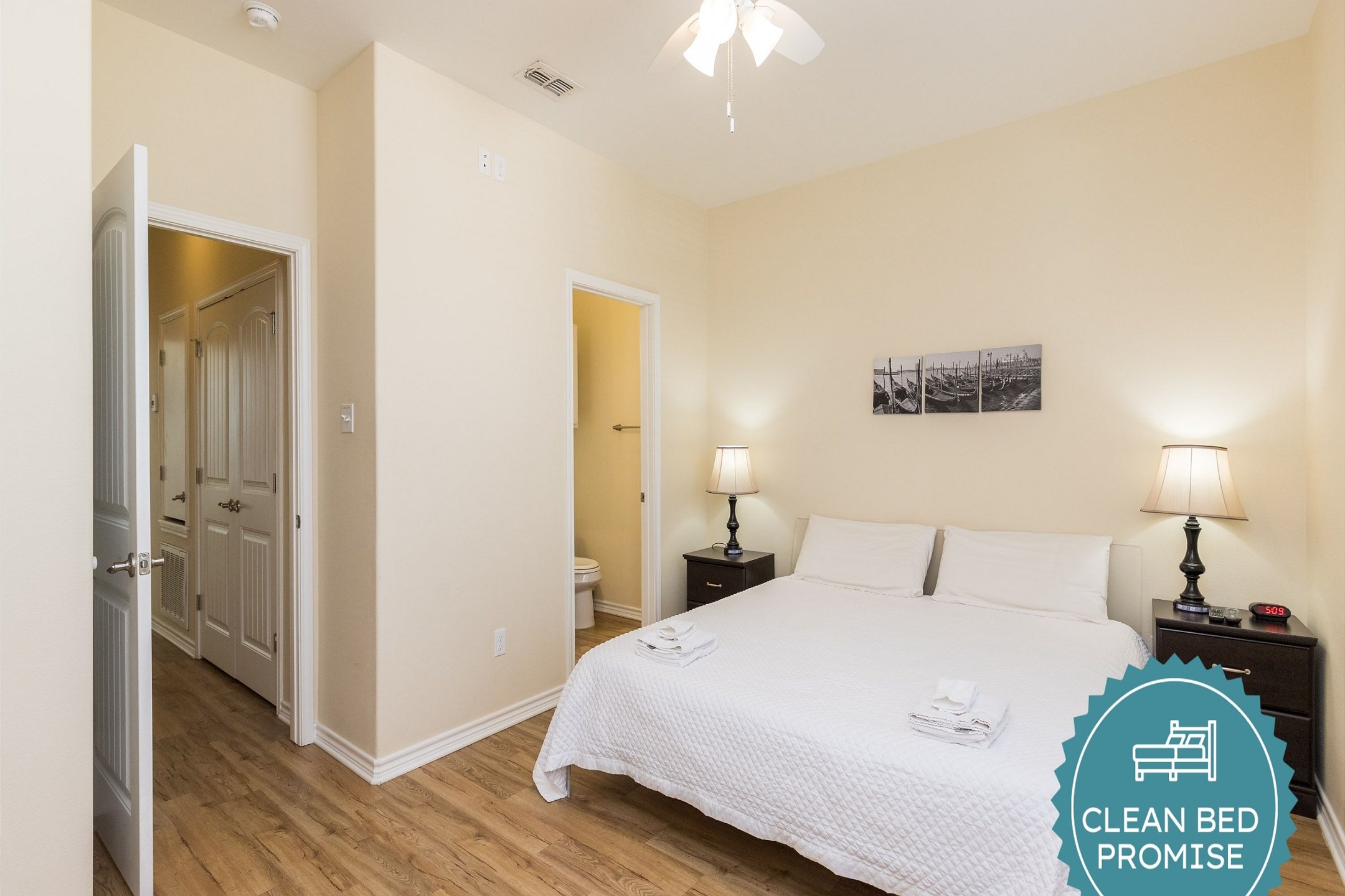 Sleep better at Padre Escapes with our exclusive Clean Bed Promise, providing fresh linens, comforters, and towels washed at high temperatures exceeding CDC recommendations, setting us apart for a truly restful vacation 