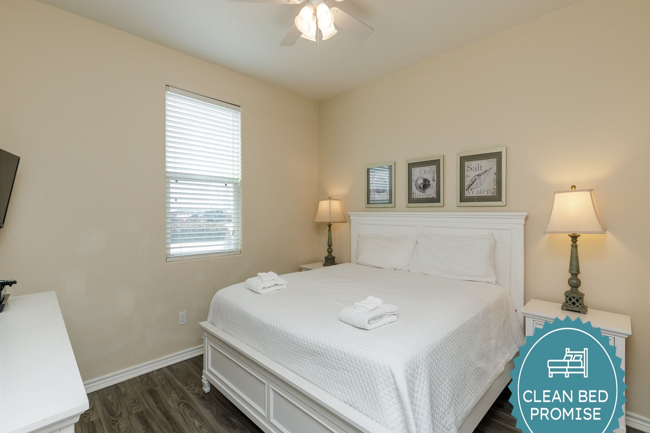 Sleep better at Padre Escapes with our exclusive Clean Bed Promise; providing fresh linens, comforters, and towels washed at high temperatures exceeding CDC recommendations, setting us apart for a truly restful vacation