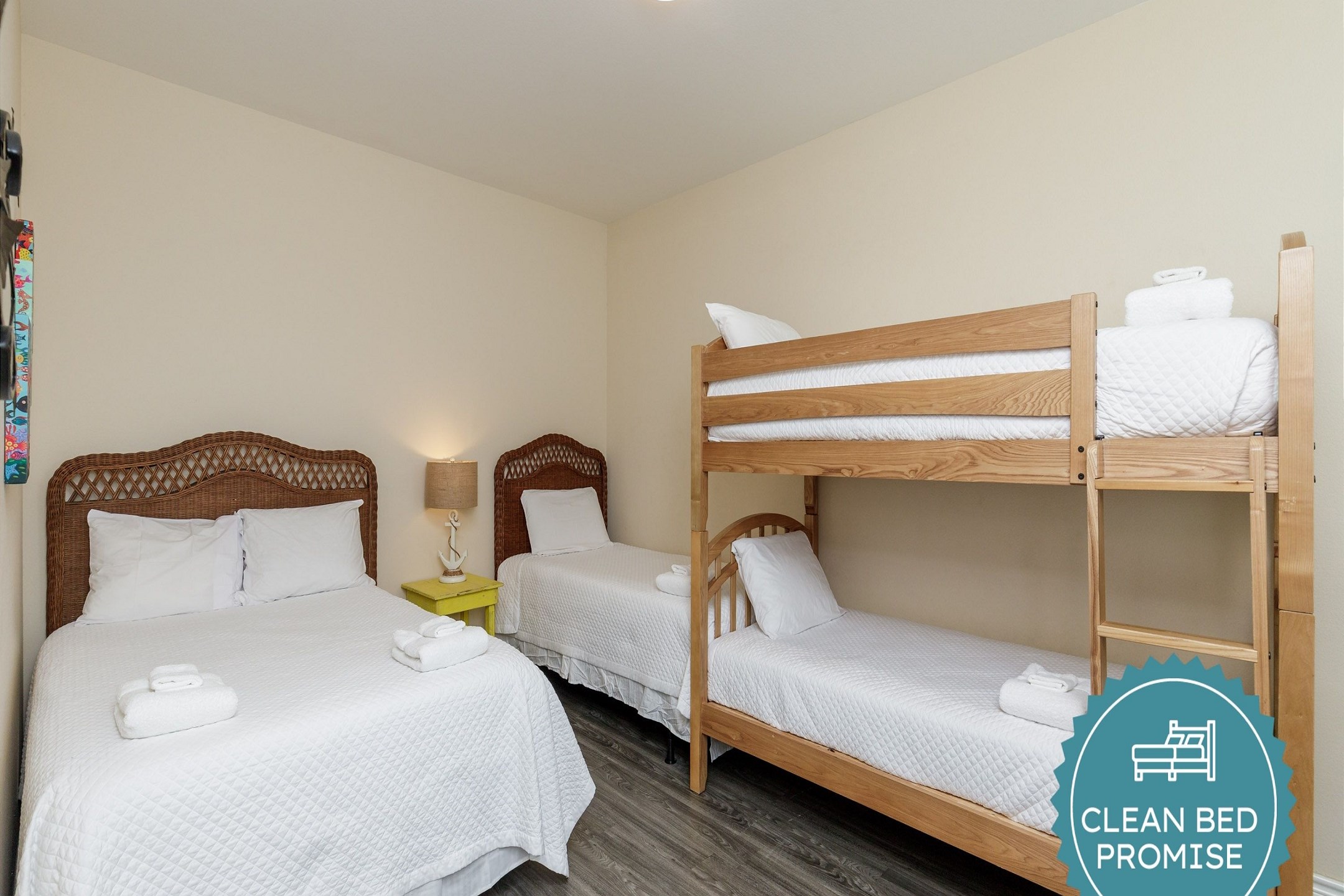 Sleep better at Padre Escapes with our exclusive Clean Bed Promise; providing fresh linens, comforters, and towels washed at high temperatures exceeding CDC recommendations, setting us apart for a truly restful vacation