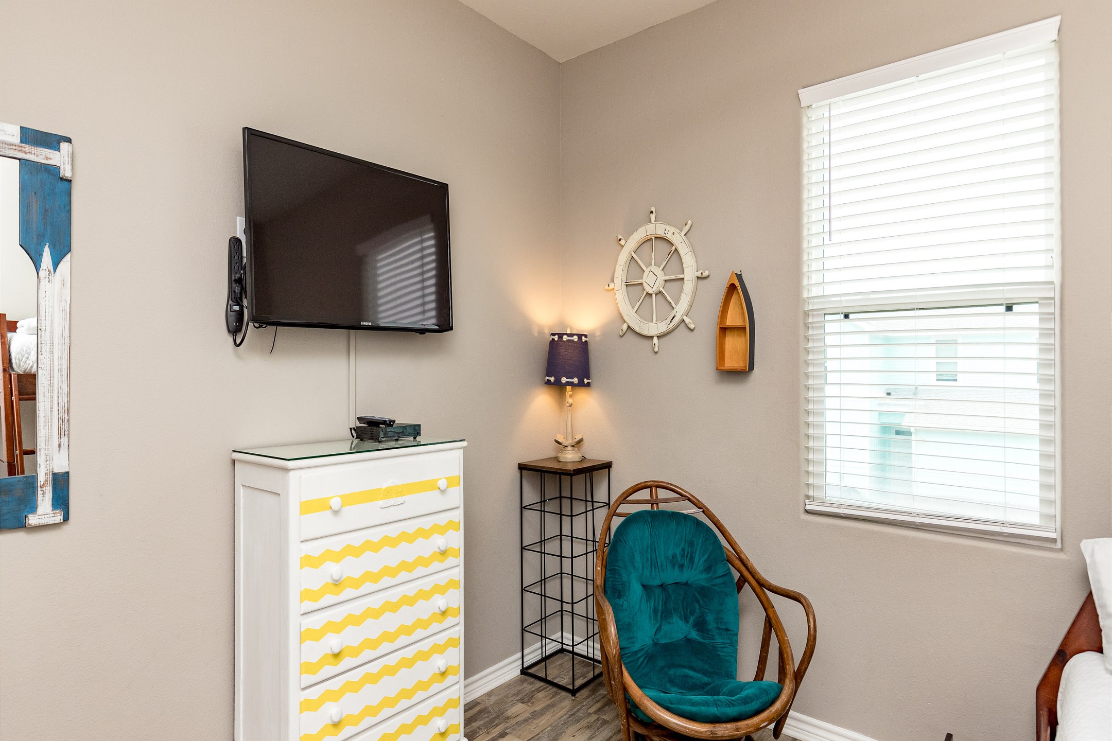 Third bedroom on the second floor with twin over full bunk bed with twin trundle and flat screen TV