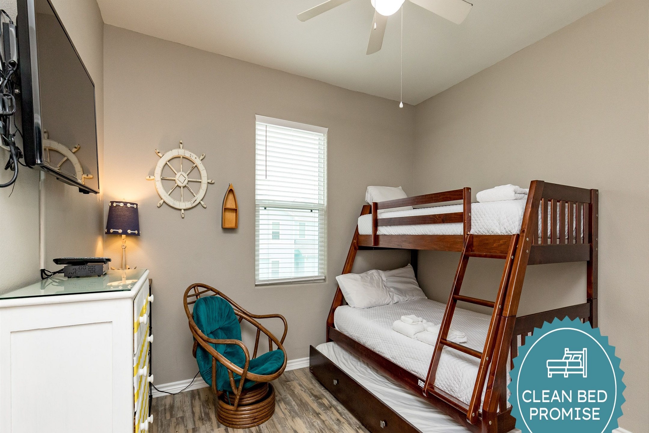 Sleep better at Padre Escapes with our exclusive Clean Bed Promise; providing fresh linens, comforters, and towels washed at high temperatures exceeding CDC recommendations, setting us apart for a truly restful vacation