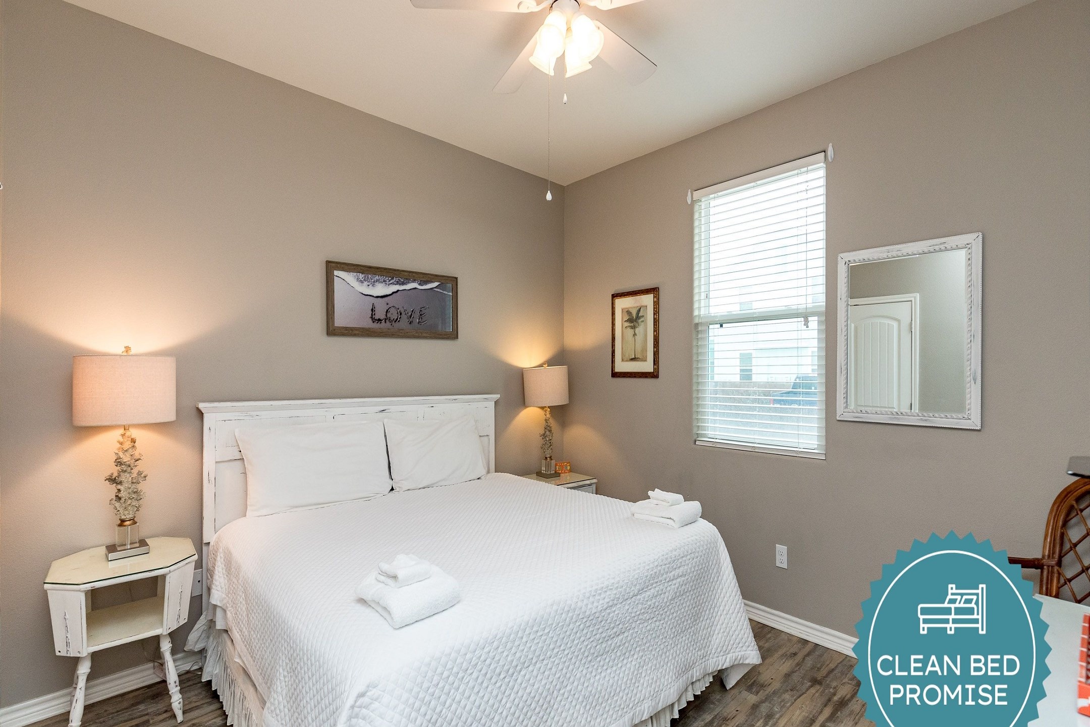 Sleep better at Padre Escapes with our exclusive Clean Bed Promise; providing fresh linens, comforters, and towels washed at high temperatures exceeding CDC recommendations, setting us apart for a truly restful vacation