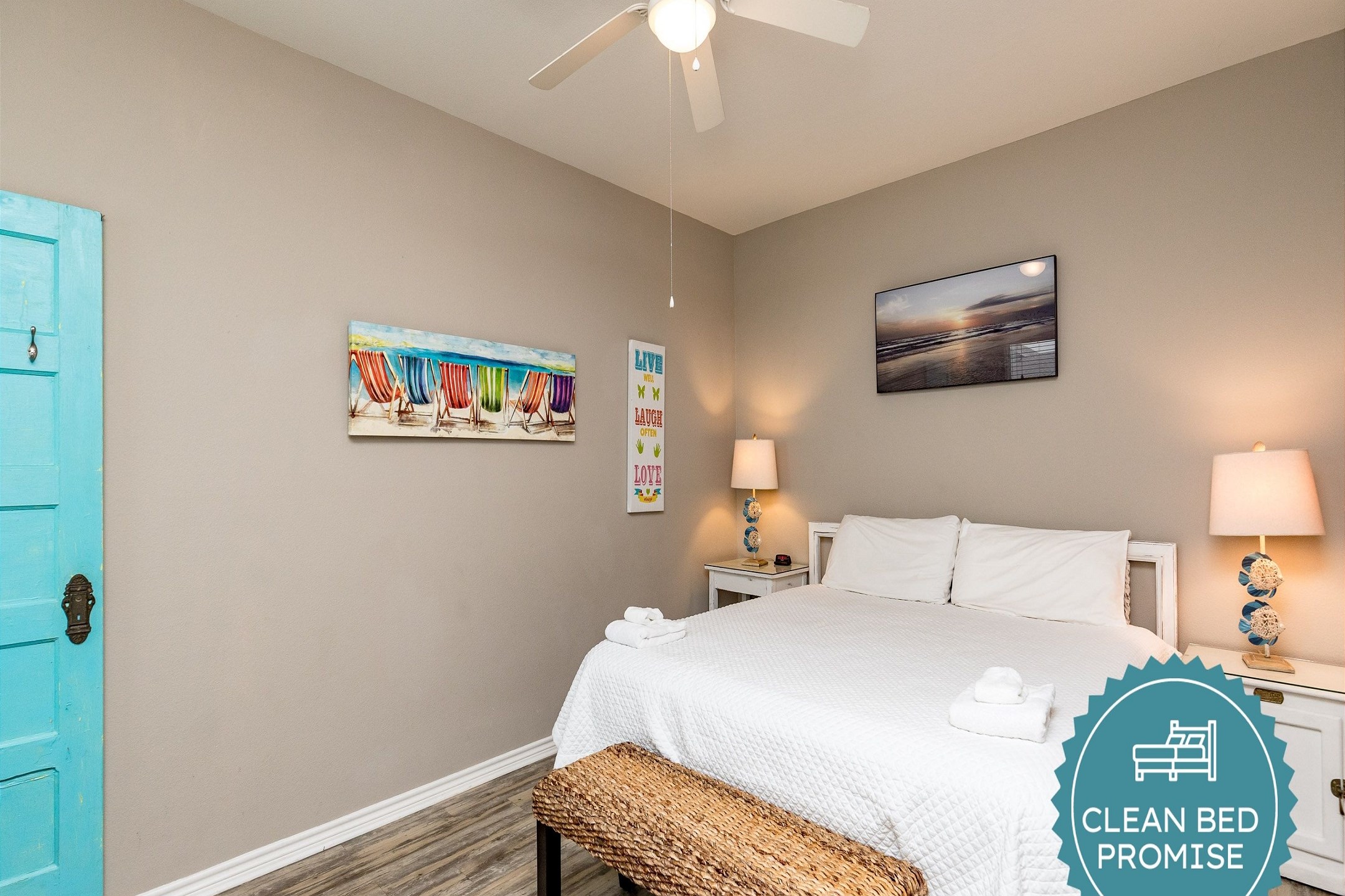 Sleep better at Padre Escapes with our exclusive Clean Bed Promise; providing fresh linens, comforters, and towels washed at high temperatures exceeding CDC recommendations, setting us apart for a truly restful vacation