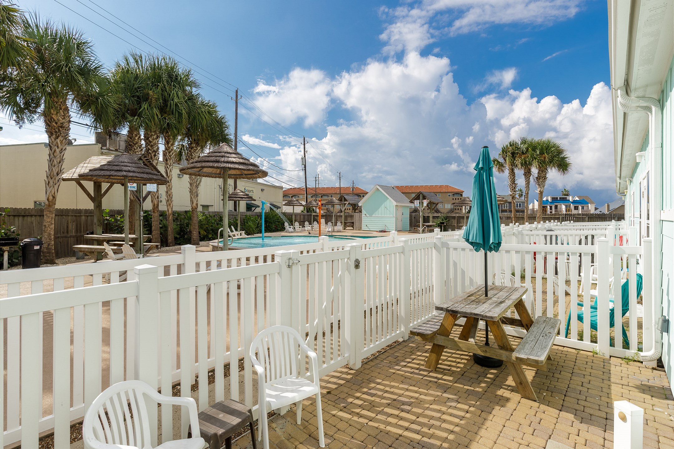 Private patio with picnic table