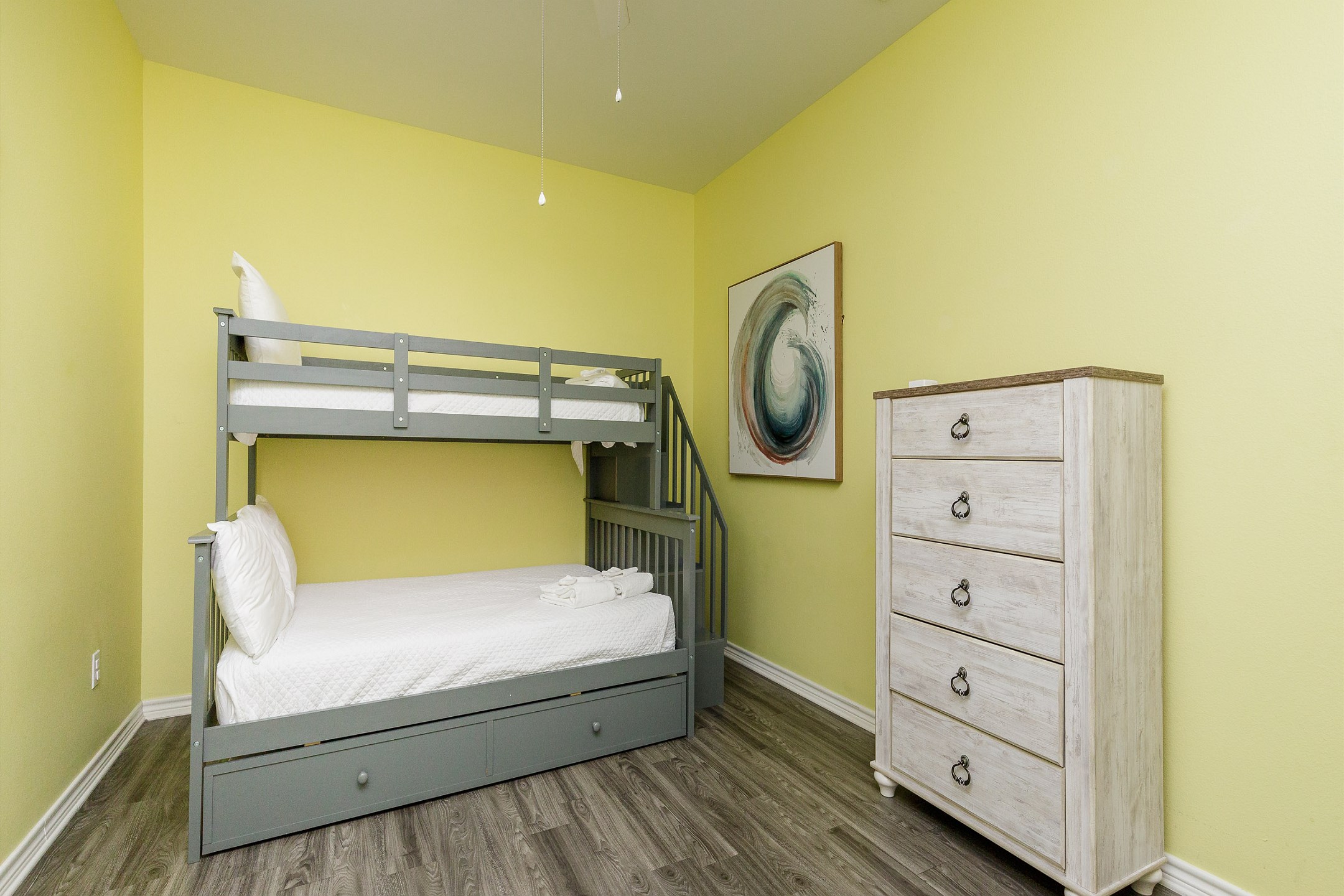 Third bedroom on the second floor with twin over full size bunk bed and a twin trundle bed