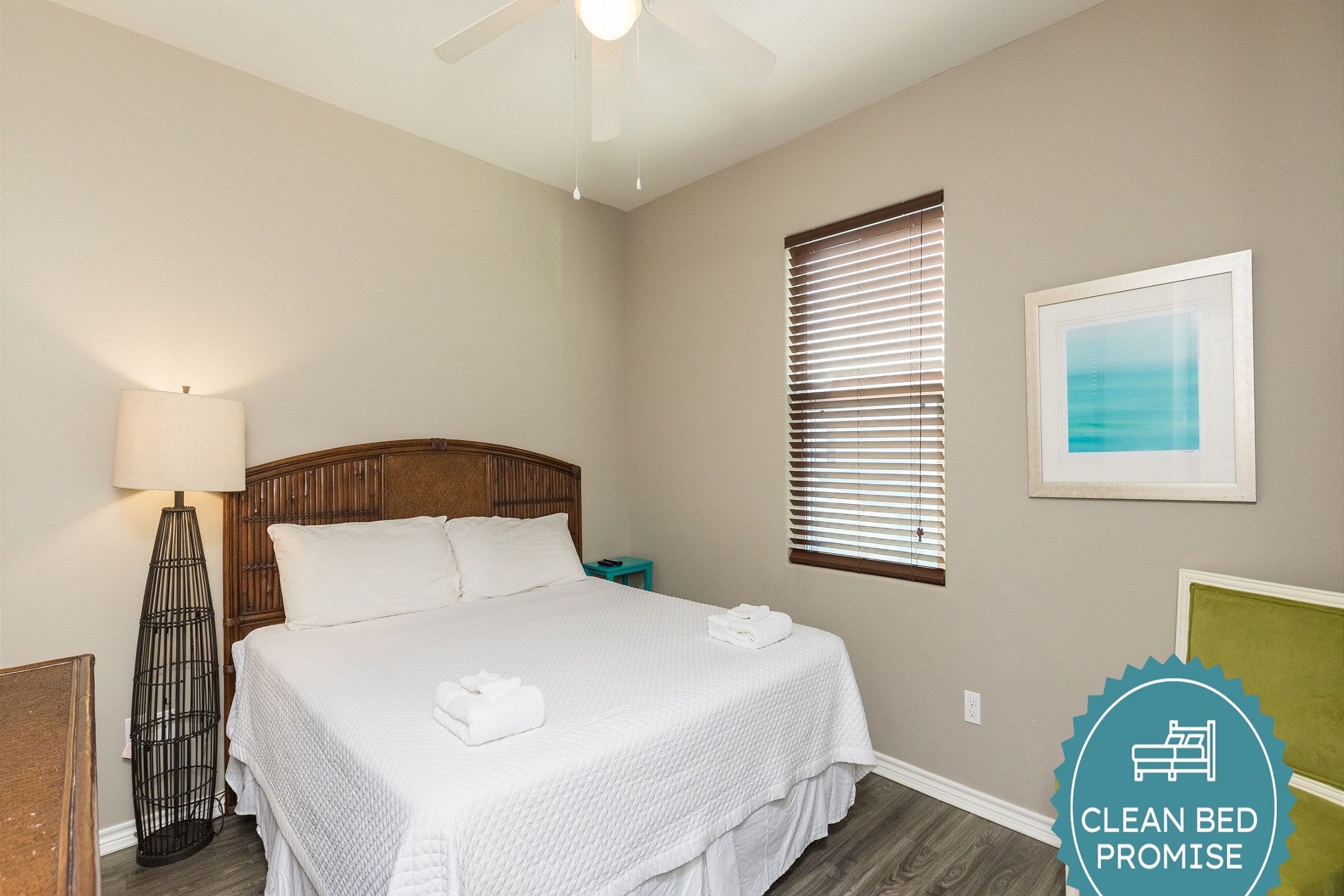 Sleep better at Padre Escapes with our exclusive Clean Bed Promise; providing fresh linens, comforters, and towels washed at high temperatures exceeding CDC recommendations, setting us apart for a truly restful vacation
