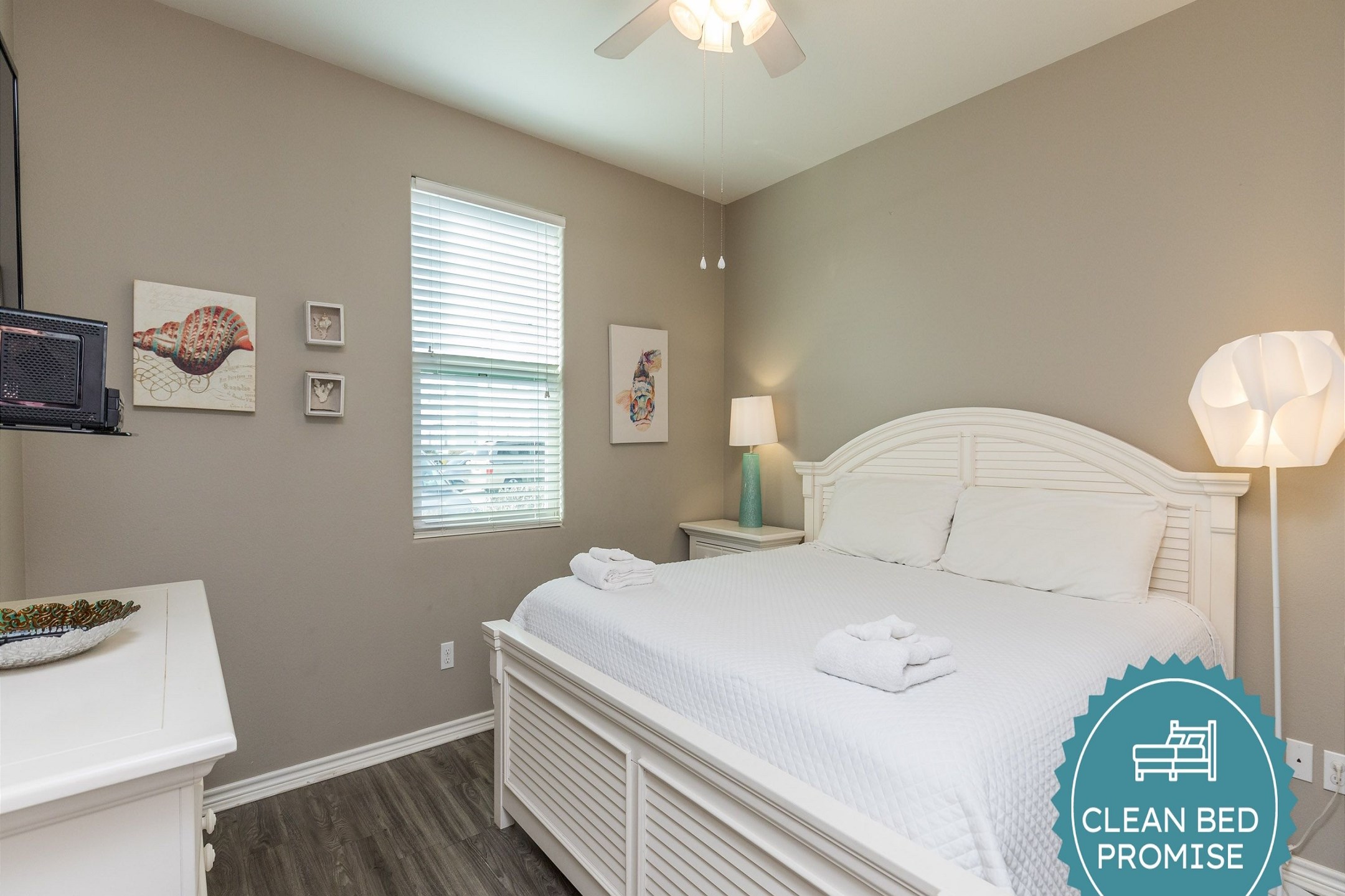 Sleep better at Padre Escapes with our exclusive Clean Bed Promise; providing fresh linens, comforters, and towels washed at high temperatures exceeding CDC recommendations, setting us apart for a truly restful vacation