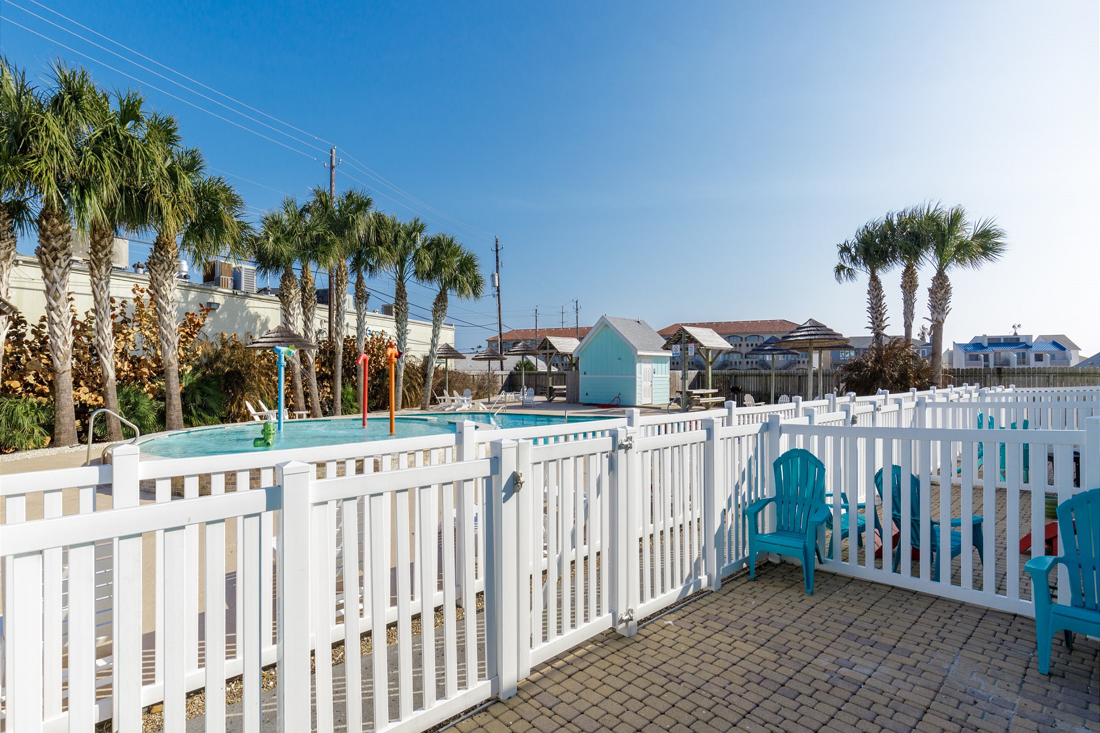 Patio over-looking the playground and pool area 