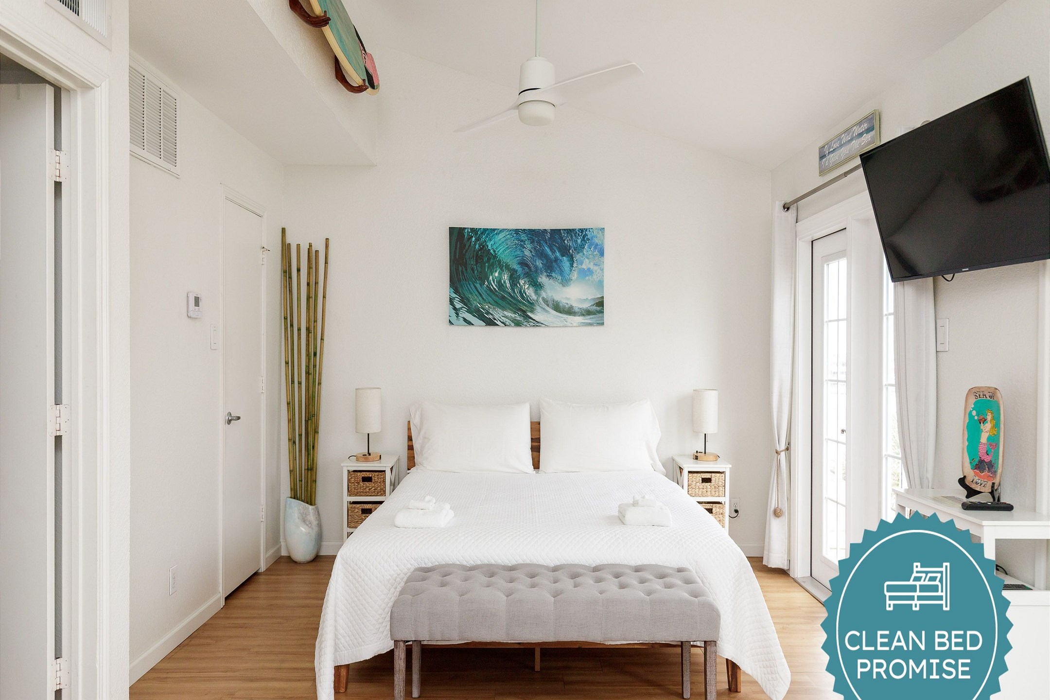 Sleep better at Padre Escapes with our exclusive Clean Bed Promise, providing fresh linens, comforters, and towels washed at high temperatures exceeding CDC recommendations, setting us apart for a truly restful vacation
