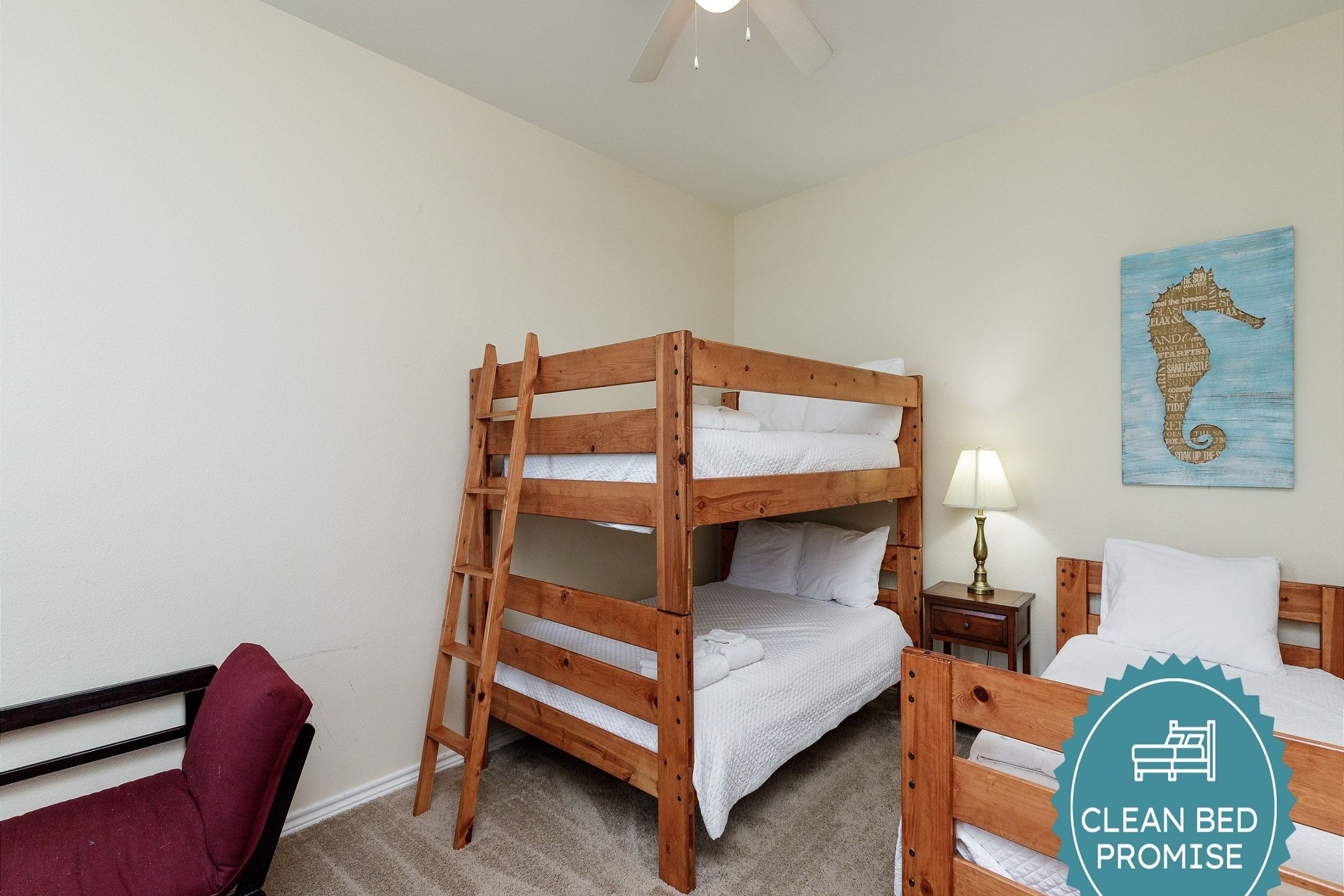 Sleep better at Padre Escapes with our exclusive Clean Bed Promise; providing fresh linens, comforters, and towels washed at high temperatures exceeding CDC recommendations, setting us apart for a truly restful vacation