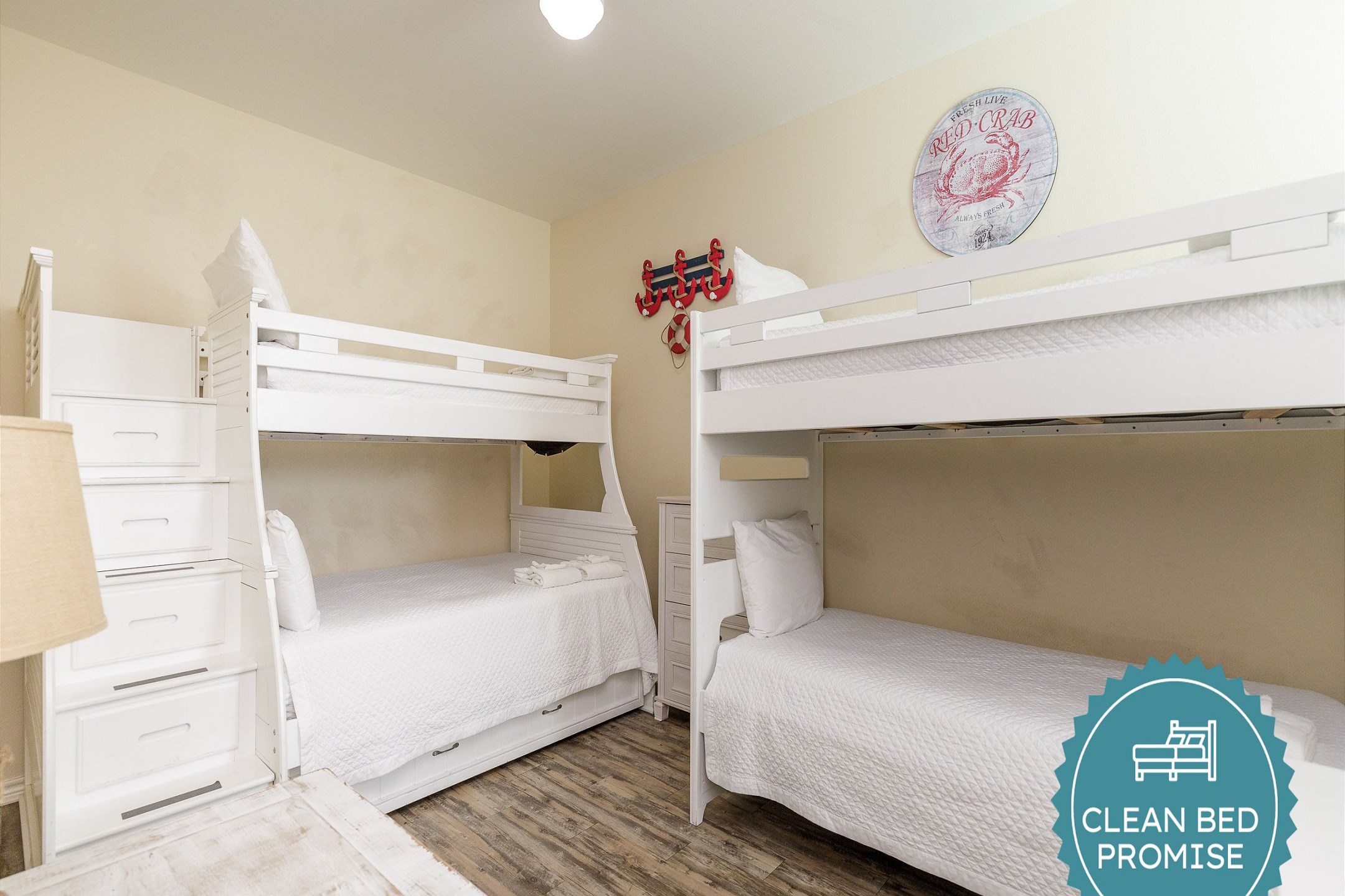 Sleep better at Padre Escapes with our exclusive Clean Bed Promise; providing fresh linens, comforters, and towels washed at high temperatures exceeding CDC recommendations, setting us apart for a truly restful vacation