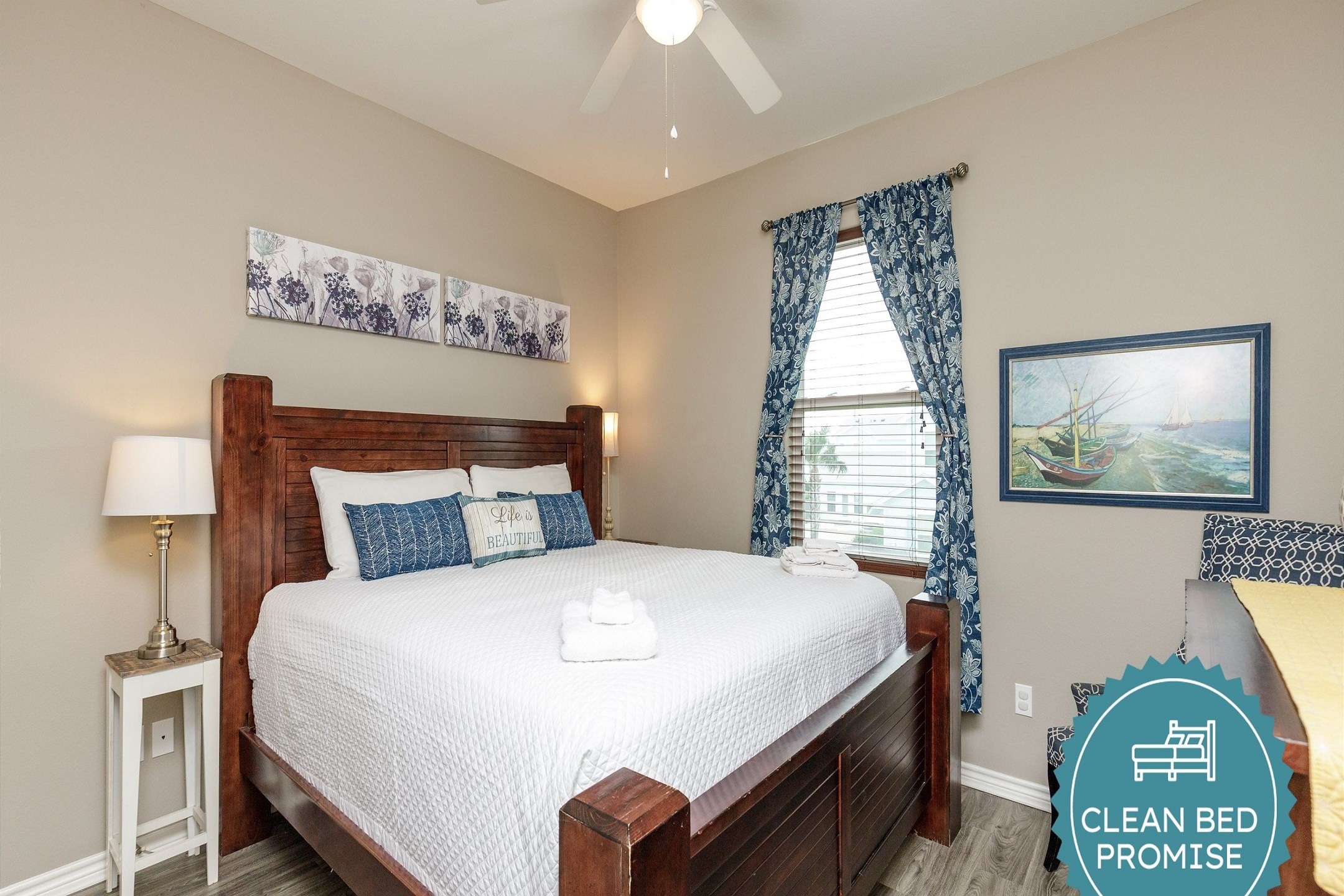 Sleep better at Padre Escapes with our exclusive Clean Bed Promise; providing fresh linens, comforters, and towels washed at high temperatures exceeding CDC recommendations, setting us apart for a truly restful vacation